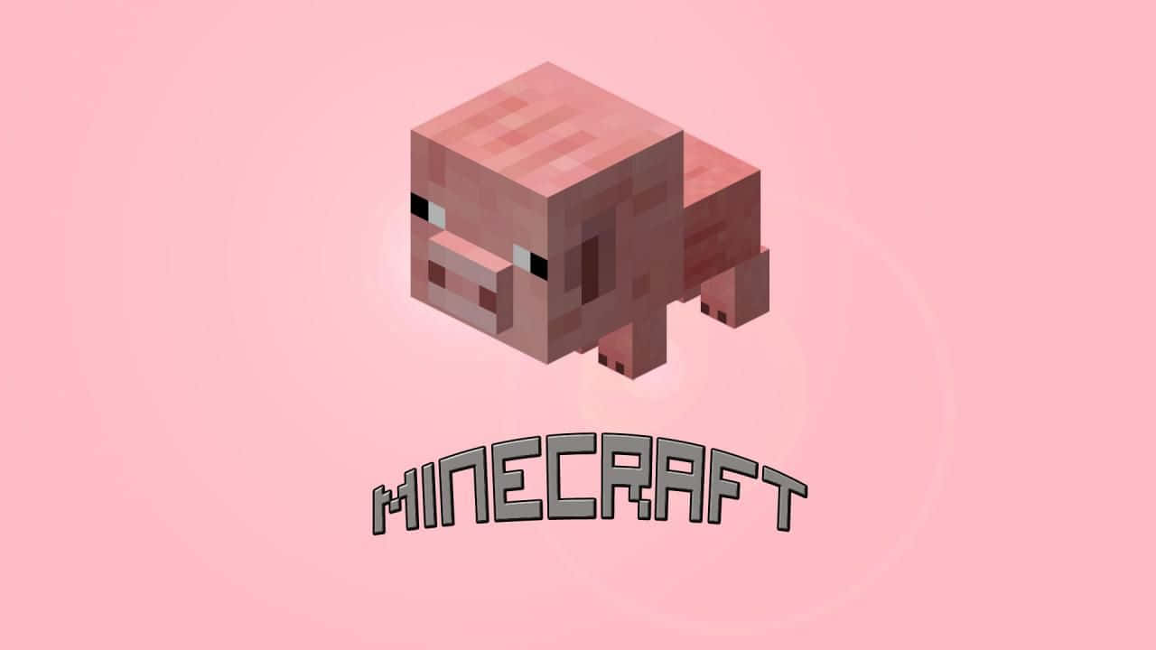 Minecraft Pig 桌布 壁紙 — 一隻像素化的Minecraft豬漂浮在柔和的粉紅色背景上，下方有遊戲標誌。