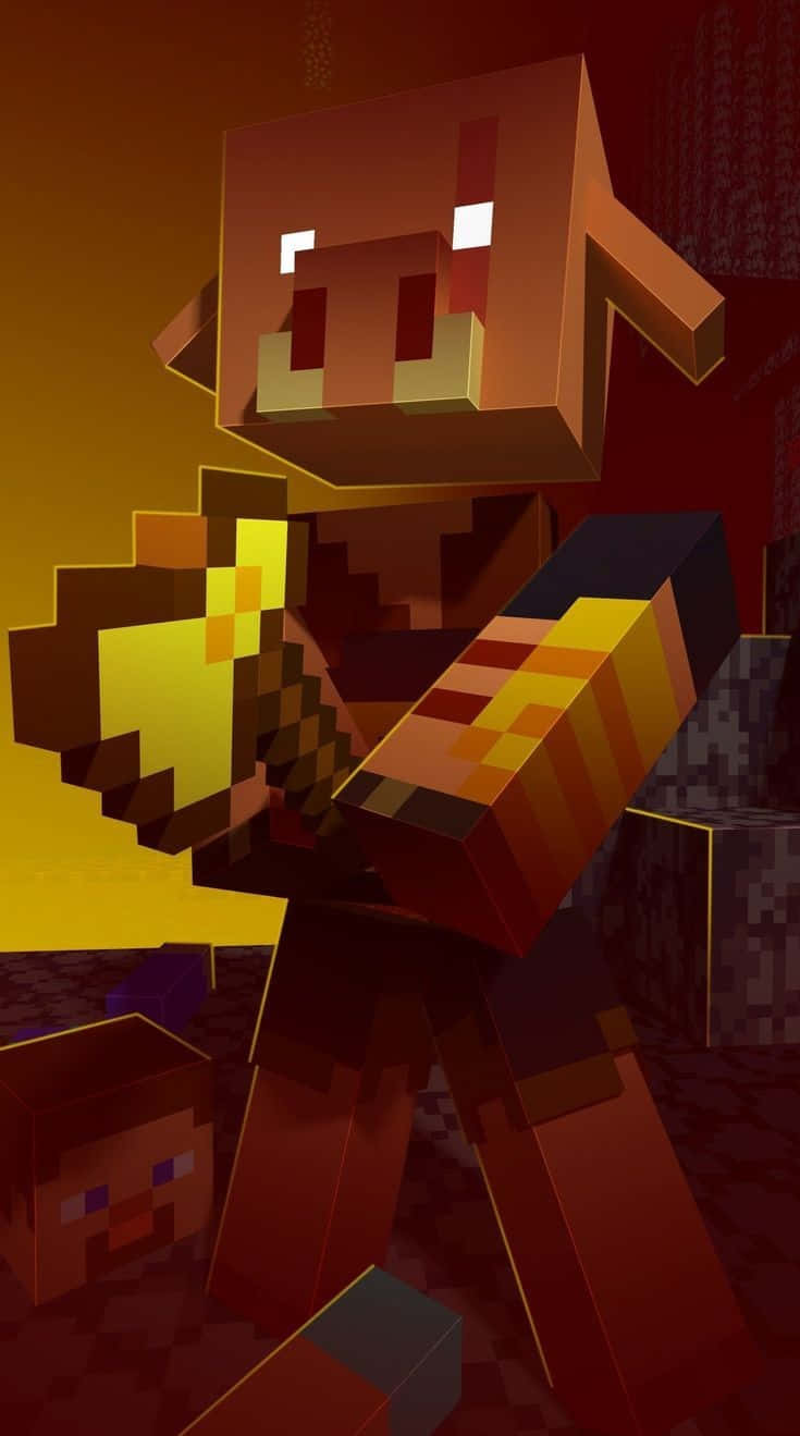 Minecraft Nether 桌布 壁紙 — 一隻像素化的Minecraft豬拿著發光的金蘋果，背景是溫暖的橙色和紅色漸變。