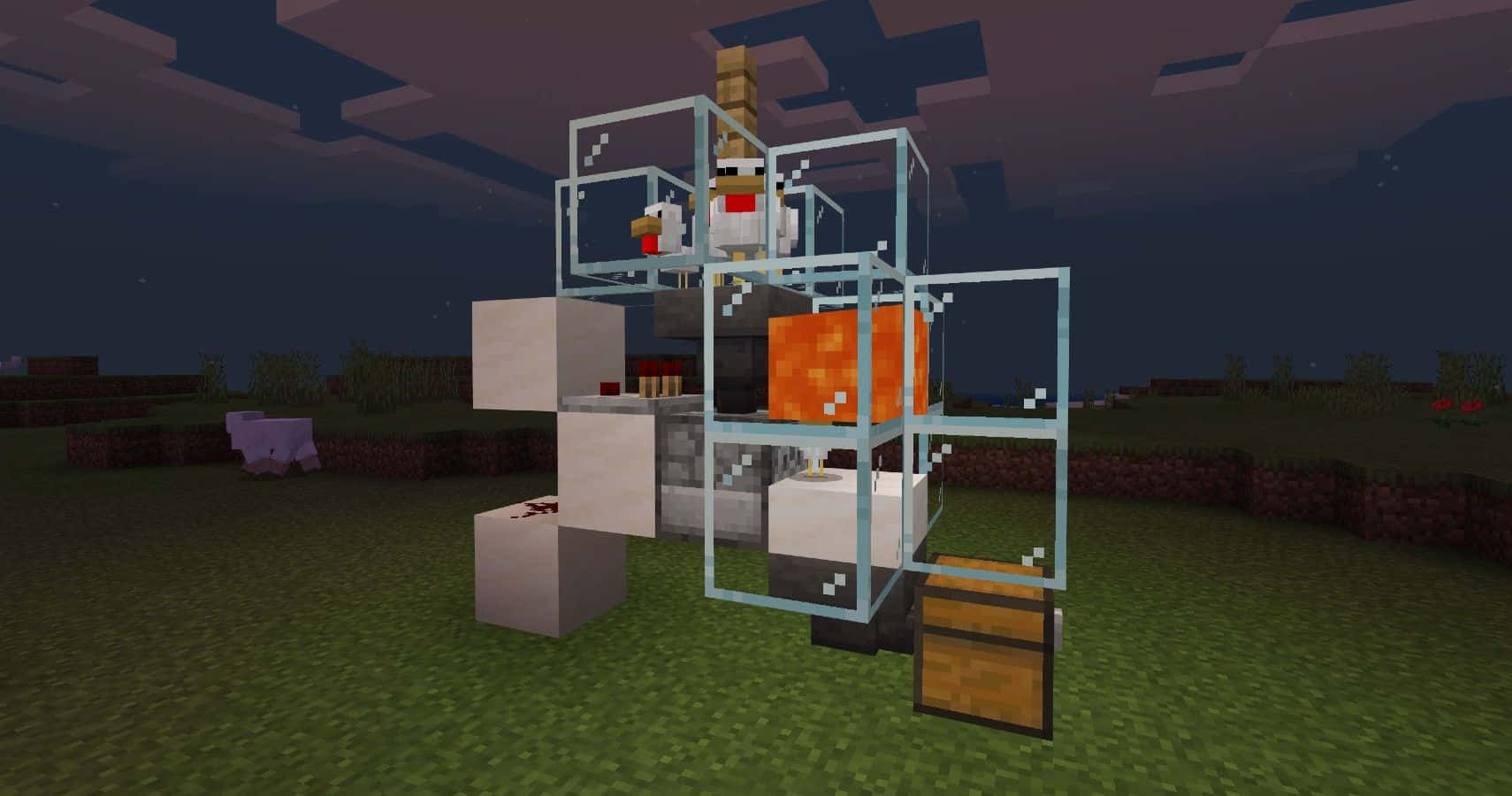 Minecraft Farming 桌布 壁紙 — 一隻像素化的Minecraft雞站在一個玻璃封閉的結構上，結構內有發光的橙色方塊，背景是星空夜空。