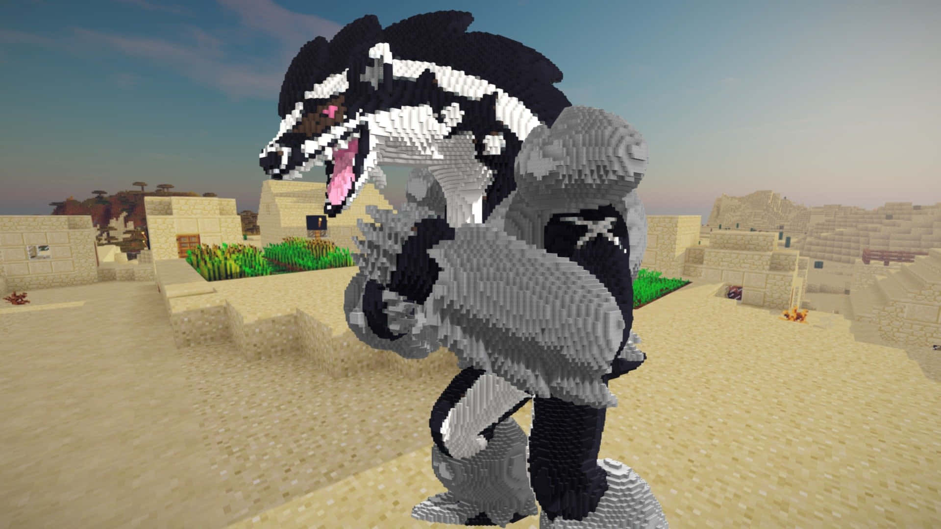 寶可夢 桌布 壁紙 — 一隻像素化的Minecraft風格黑白狼在沙漠村莊中咆哮，村莊有砂岩建築和綠色農作物，天空暮色蒼茫。