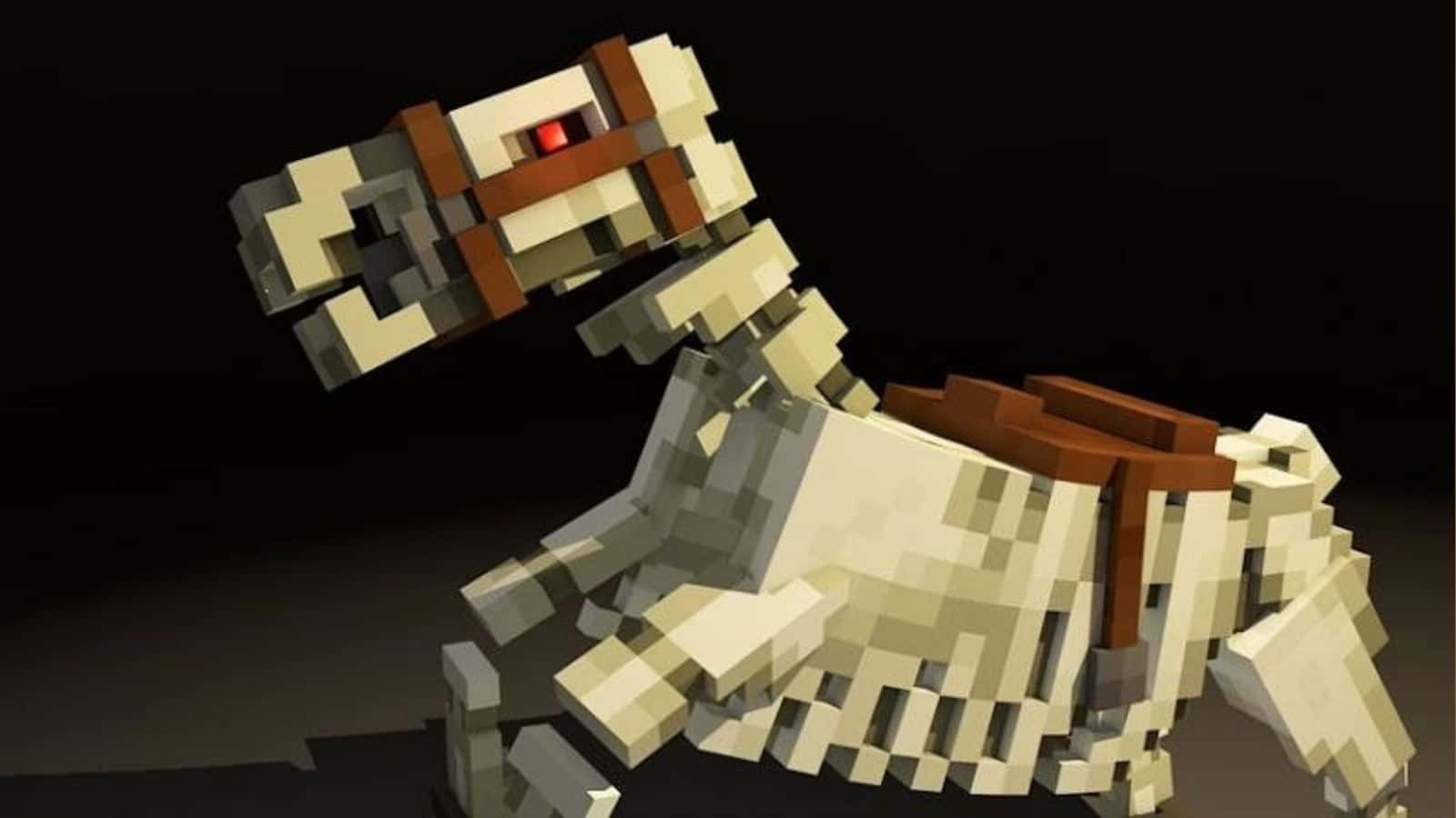 Minecraft Horses 桌布 壁紙 — 一隻像素化的Minecraft馬，有紅色的眼睛和馬鞍，站在深色背景前。