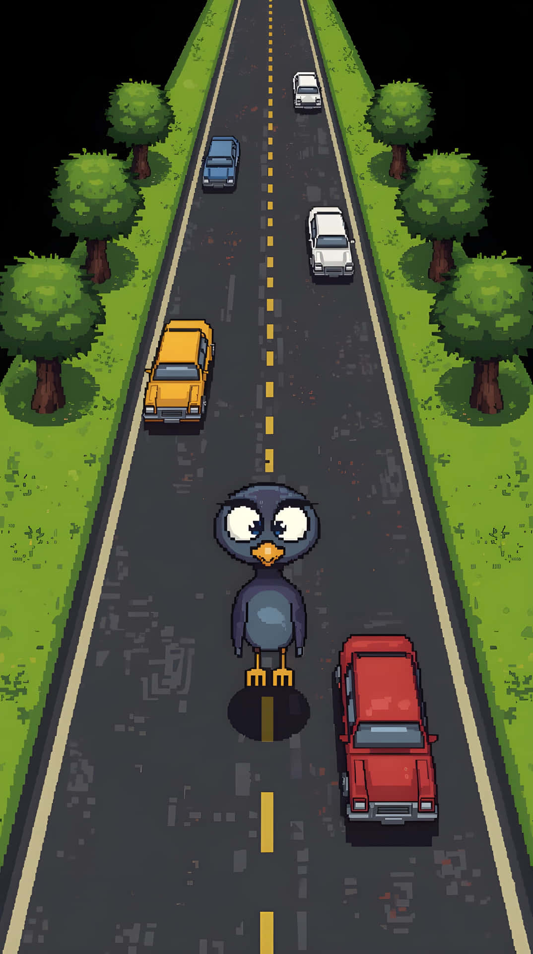 Pixel Cars on Highway 壁紙 — 一隻像素化的大眼鳥站在雙線道路中間，兩邊有汽車駛過。