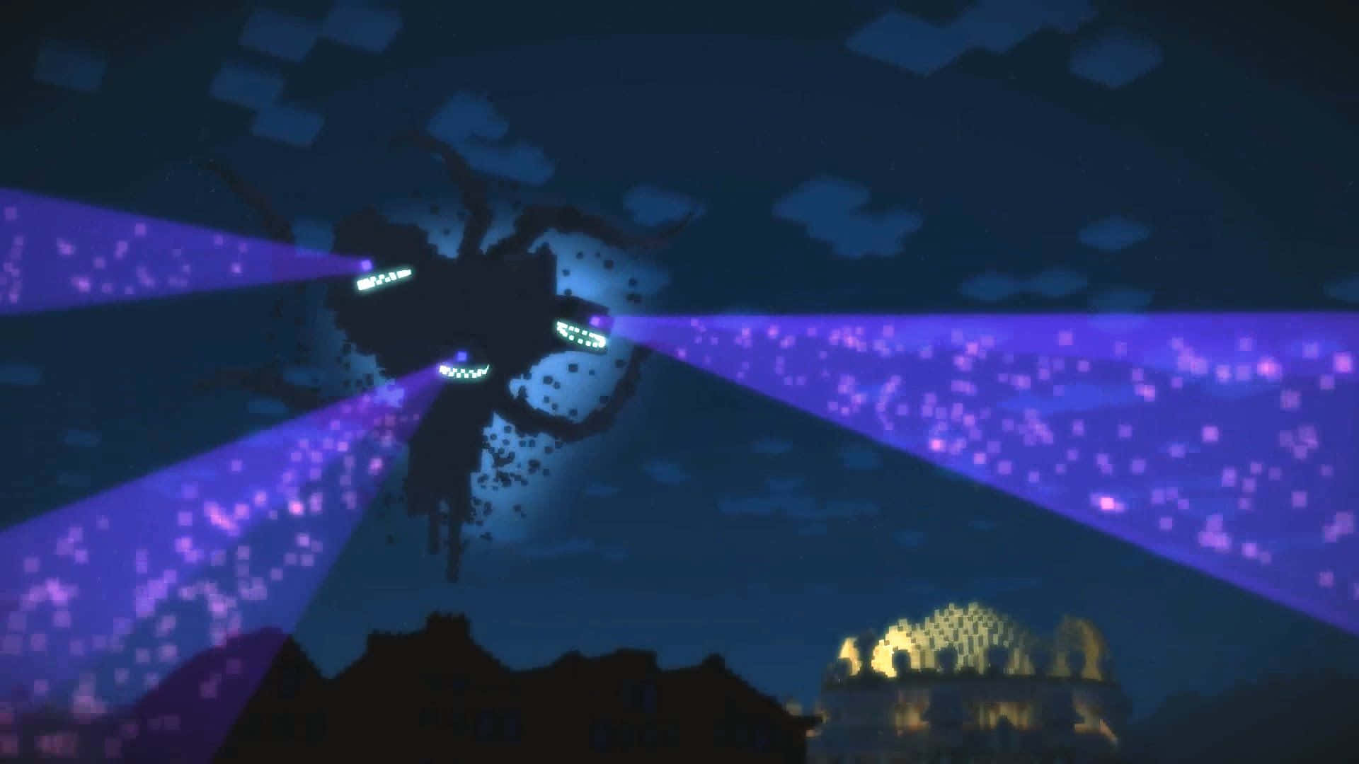Minecraft Wither 桌布 壁紙 — 一隻像素化的巨型蜘蛛，眼睛發光，在夜間向發光的城堡發射紫色粒子雷射。