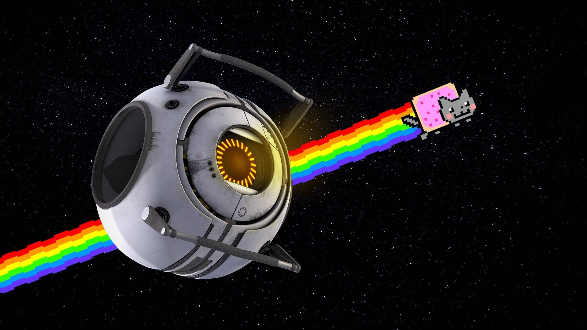 Nyan 桌布 壁紙 — 一隻像素化的彩虹貓騎著彩虹軌跡穿過太空，旁邊是一艘帶有發光橙色核心的未來主義球形太空船。
