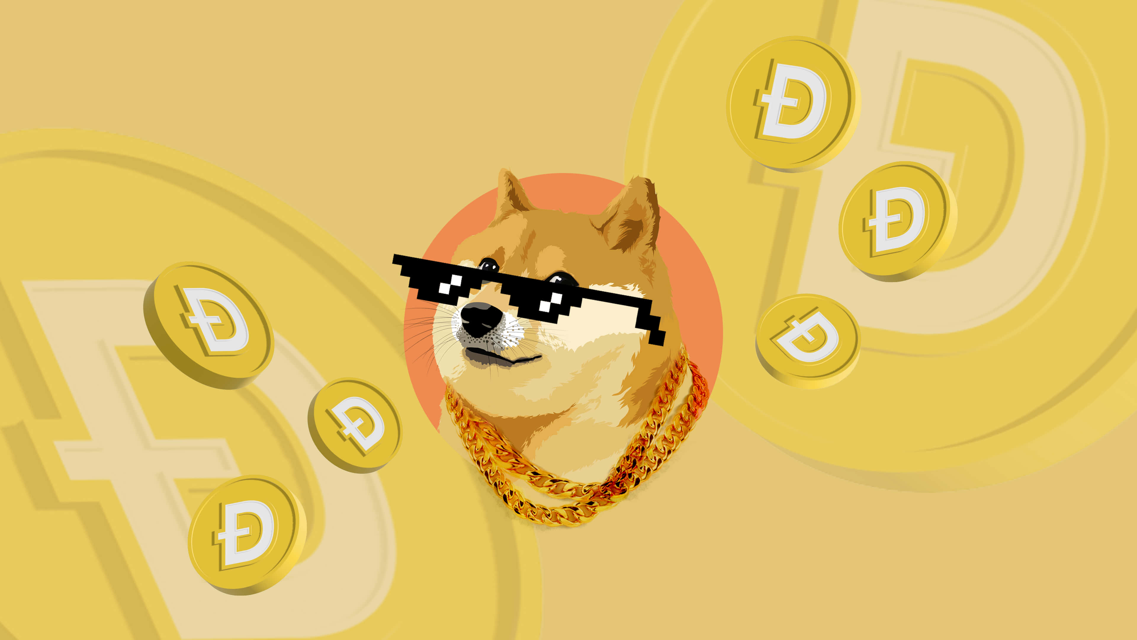 meme 桌布 壁紙 — 一隻像素化的柴犬，戴著黑色太陽眼鏡和金色鏈條，被漂浮的狗狗幣符號包圍，背景為金色。