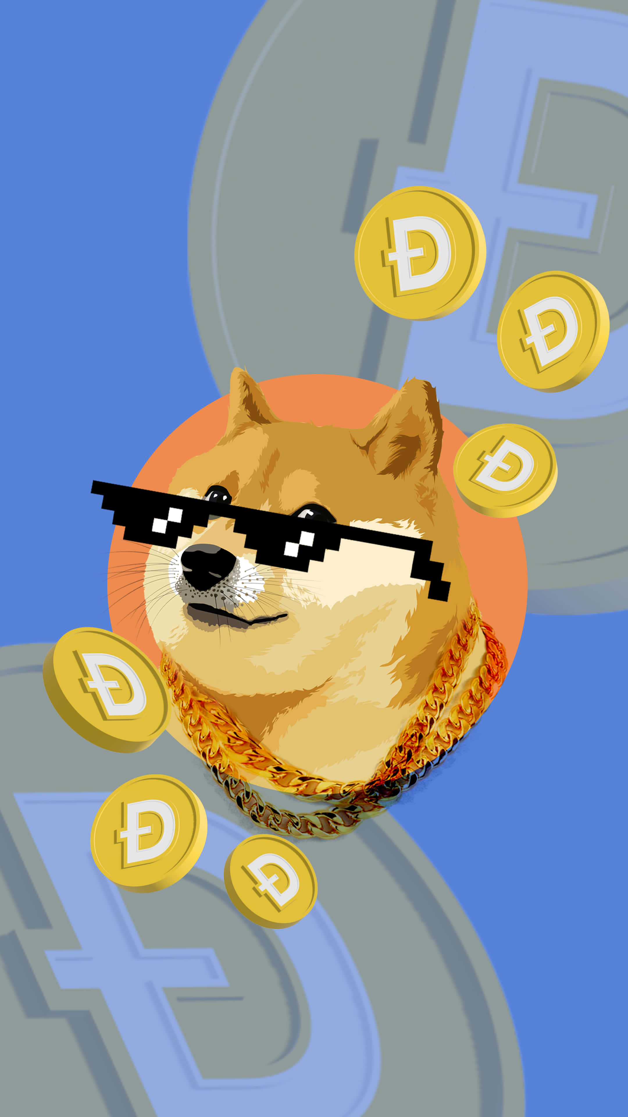 meme 桌布 壁紙 — 一隻像素化的柴犬戴著太陽眼鏡和金鏈，被漂浮的Dogecoin代幣包圍在藍色背景上。