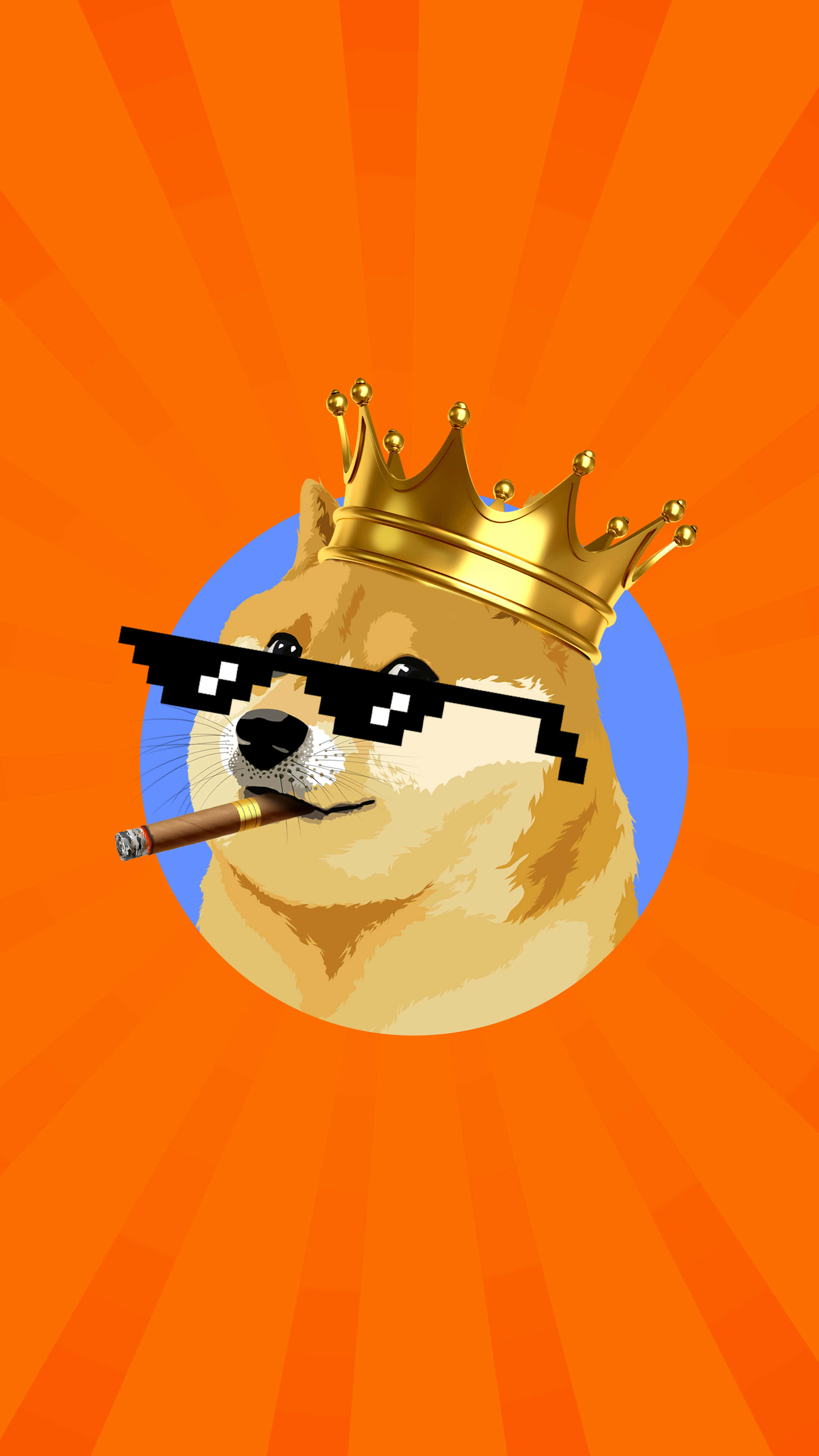 meme 桌布 壁紙 — 一隻像素化的柴犬戴著金色皇冠和太陽眼鏡，在充滿活力的橙色放射狀背景上抽雪茄。