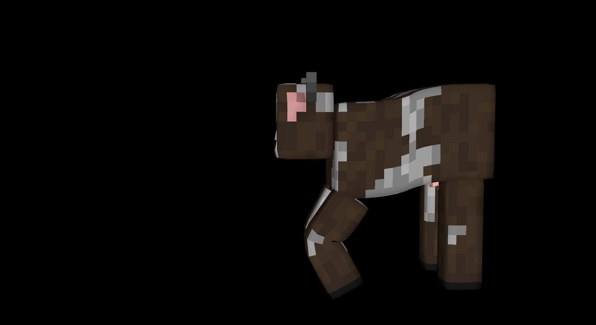 Minecraft Cow 桌布 壁紙 — 一隻像素化的棕白牛側面站在純黑色背景上，帶有方塊數位紋理。