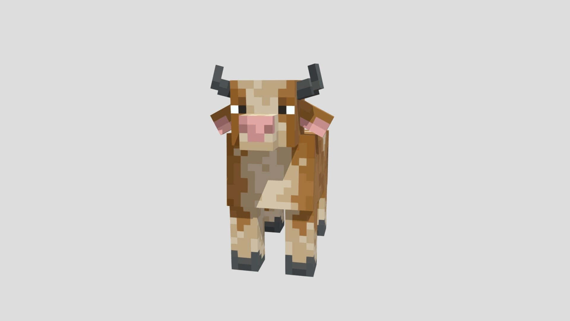 Minecraft Cow 桌布 壁紙 — 一隻像素化的棕色乳牛，有黑色角和蹄，站在純淺灰色背景中央。