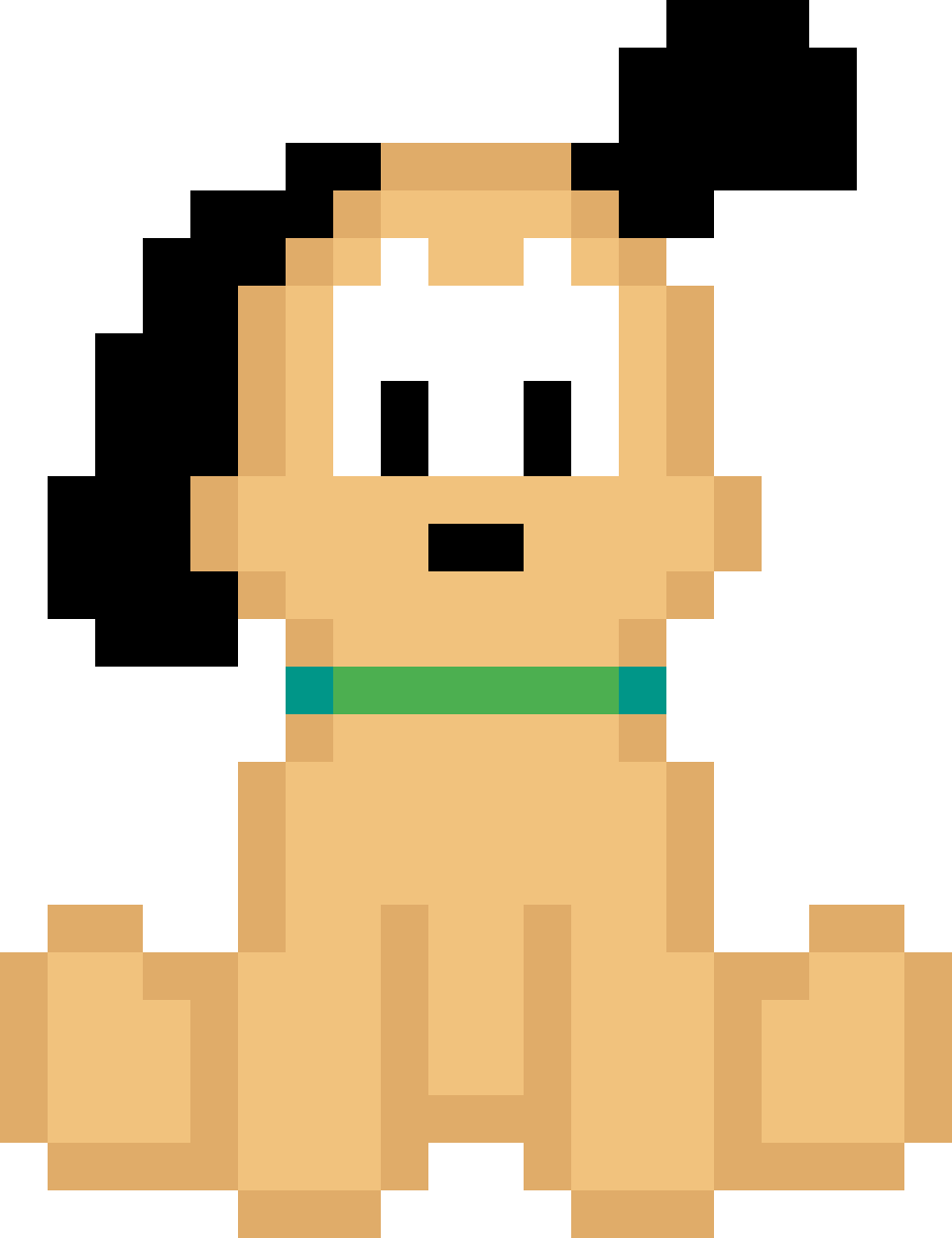 Cute Pixel 桌布 壁紙 — 一隻像素化的淺棕色小狗，有白色眼睛和綠色項圈，坐在黑色背景前。