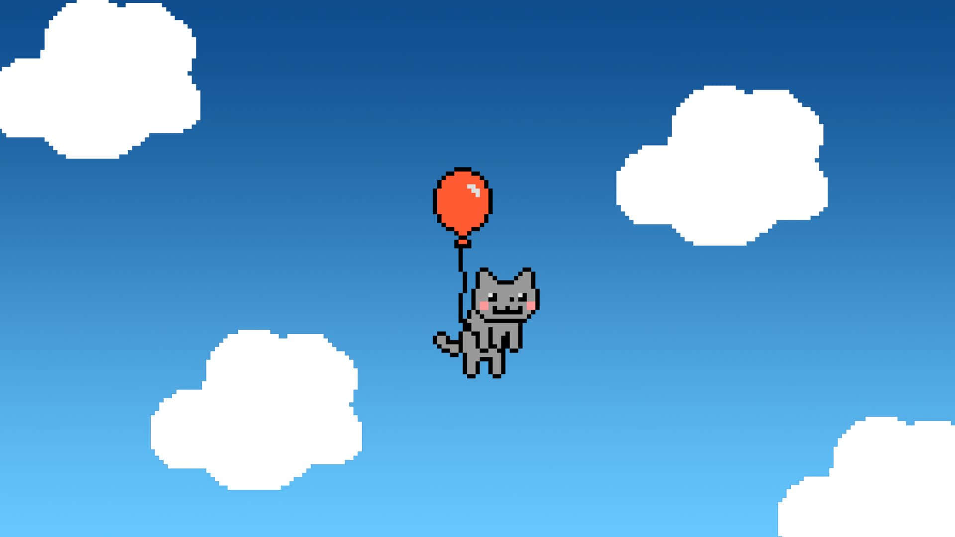 Nyan Cat 桌布 壁紙 — 一隻像素化的灰色貓咪在晴朗的藍天中平靜地漂浮，手持紅色氣球，周圍是蓬鬆的白雲。