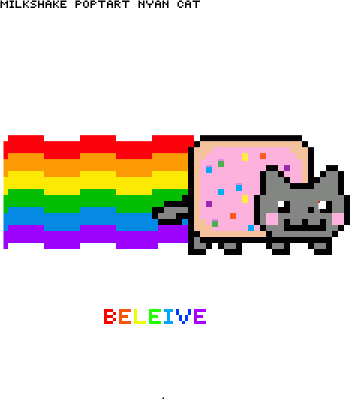 Nyan Cat 桌布 壁紙 — 一隻像素化的灰色貓咪快樂地奔跑，帶著彩虹軌跡和一個粉紅色糖霜甜甜圈，下方「BELEIVE」一詞以彩虹字母發光。