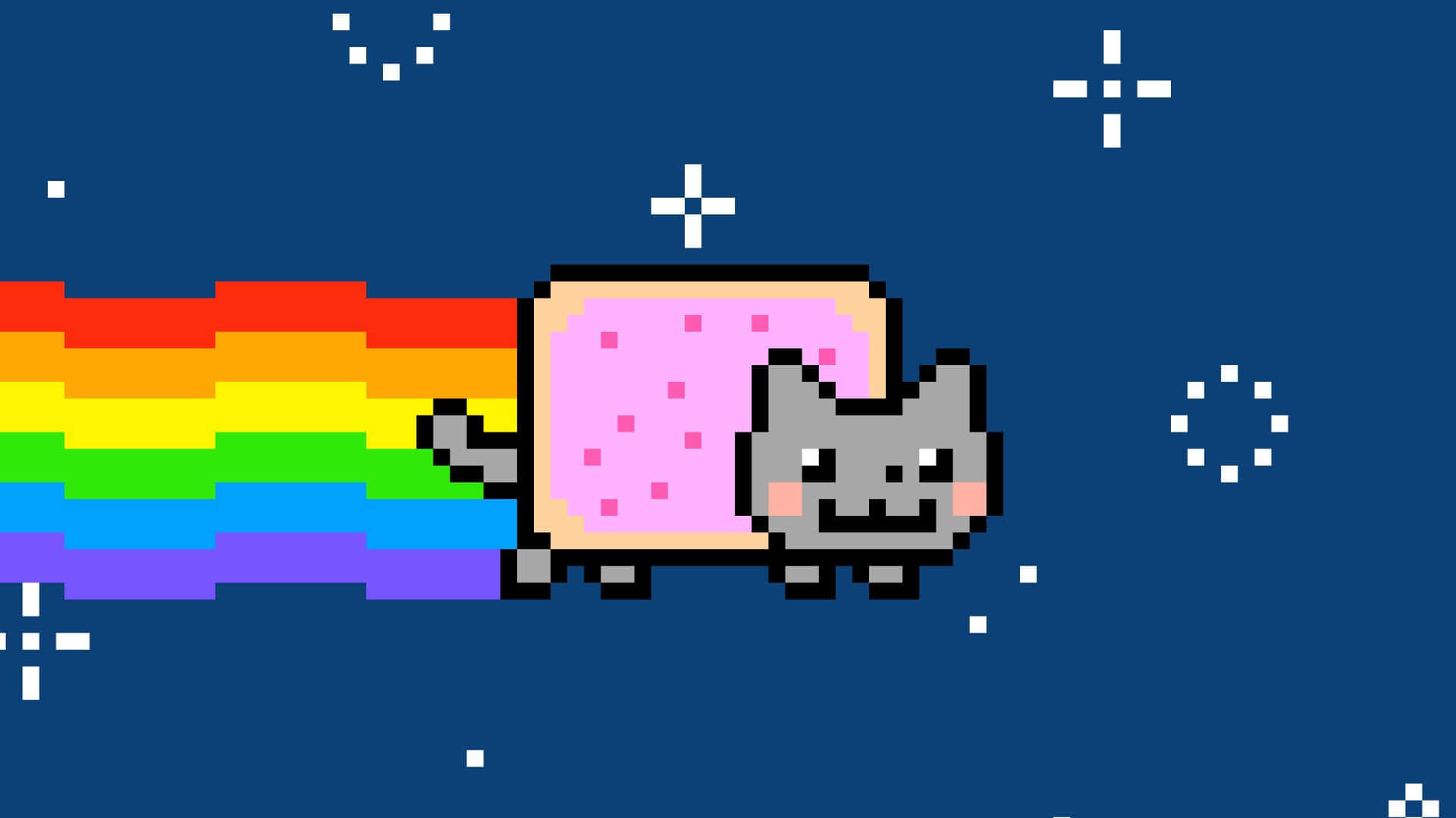 Nyan Cat 桌布 壁紙 — 一隻像素化的灰色貓咪歡快地劃過滿天星斗的夜空，留下一道鮮豔的彩虹軌跡。