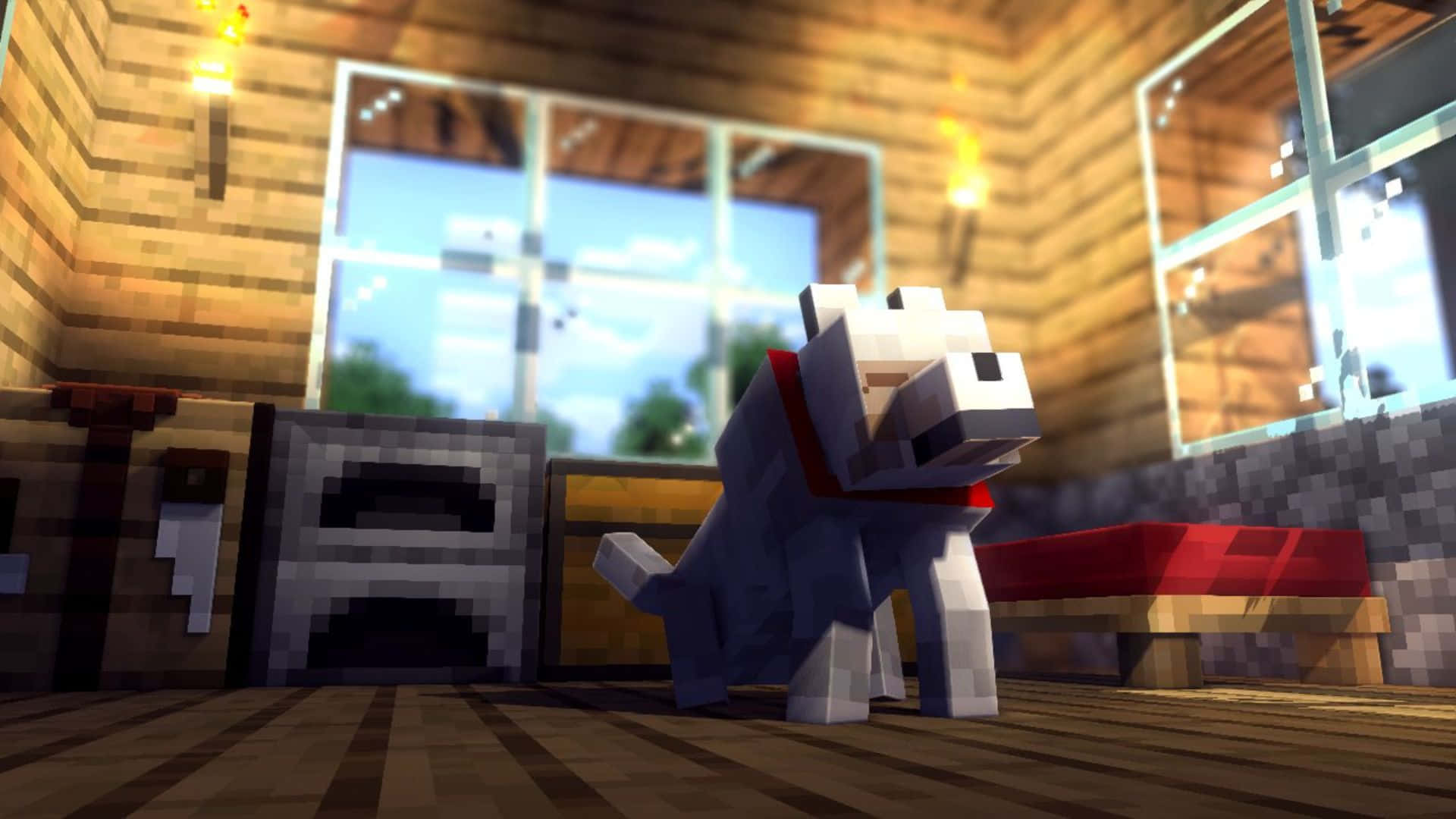 Minecraft Wolf 桌布 壁紙 — 一隻像素化的白色狗戴著紅色項圈，站在一間木製Minecraft屋內，大窗戶顯示外面晴朗的日子。