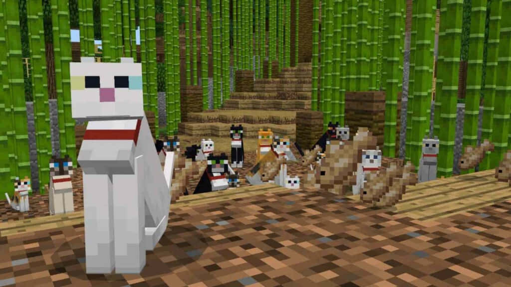 Minecraft Pets 桌布 壁紙 — 一隻像素化的白貓戴著紅色項圈，在竹林裡與其他貓和村民一起，以Minecraft風格呈現。