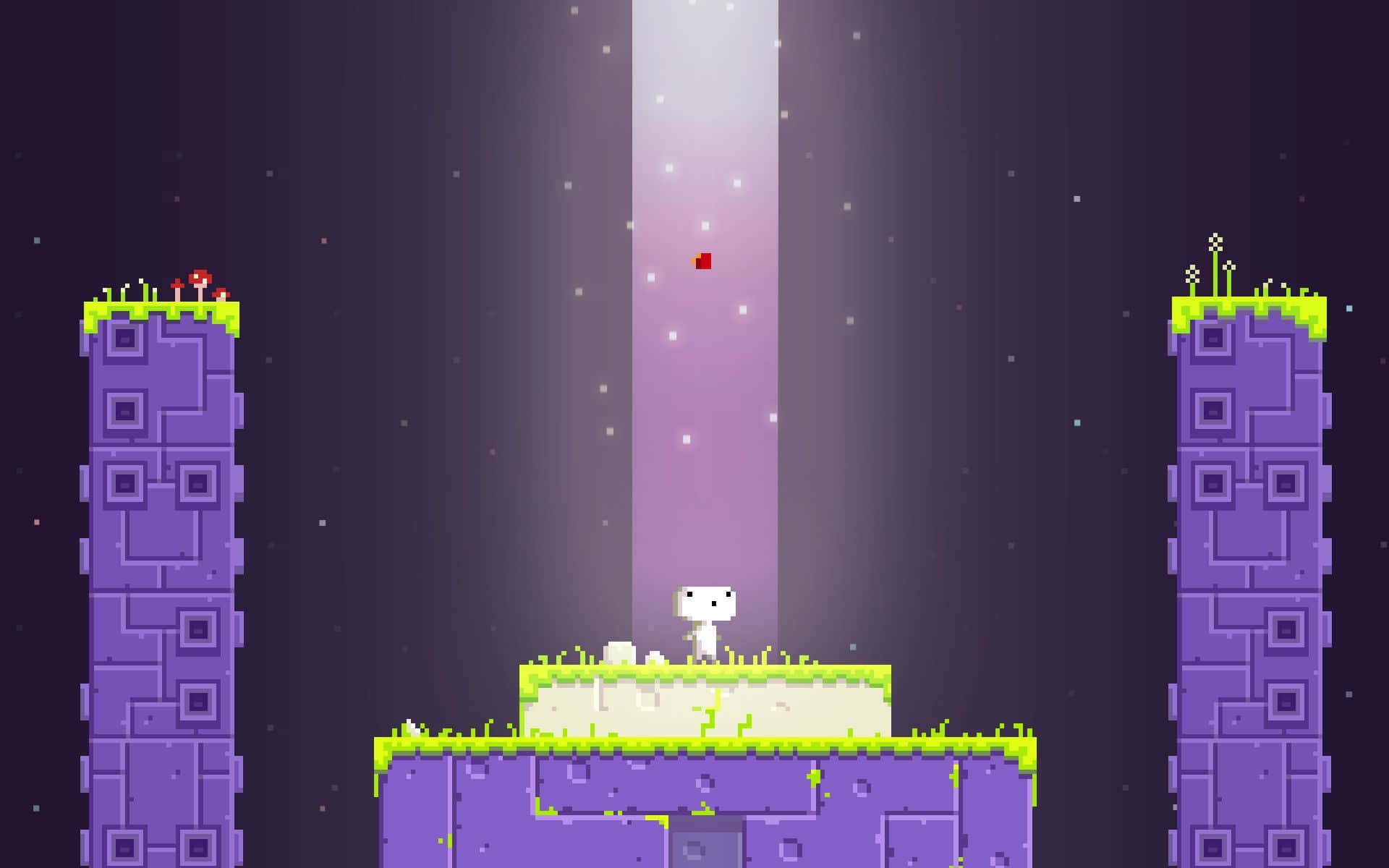 Pixel Game 桌布 壁紙 — 一隻像素化的白貓站在一個草地平台上，位於兩座紫色塔樓之間，下方是發光的垂直光束，背景是繁星點點的夜空。