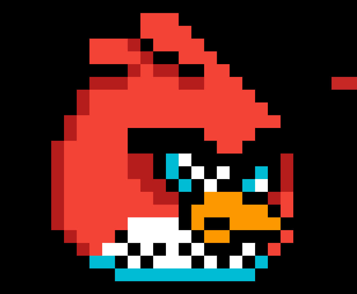 Angry Birds 桌布 壁紙 — 一隻像素化的紅色憤怒鳥，有黑色眼睛和橙色喙，背景為黑色。