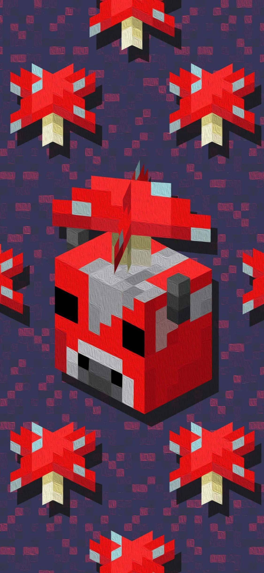iPhone Xs Minecraft 桌布 壁紙 — 一隻像素化的紅色牛戴著紅色蘑菇帽，漂浮在漂浮的紅色蘑菇之間，背景是深紫色網格。