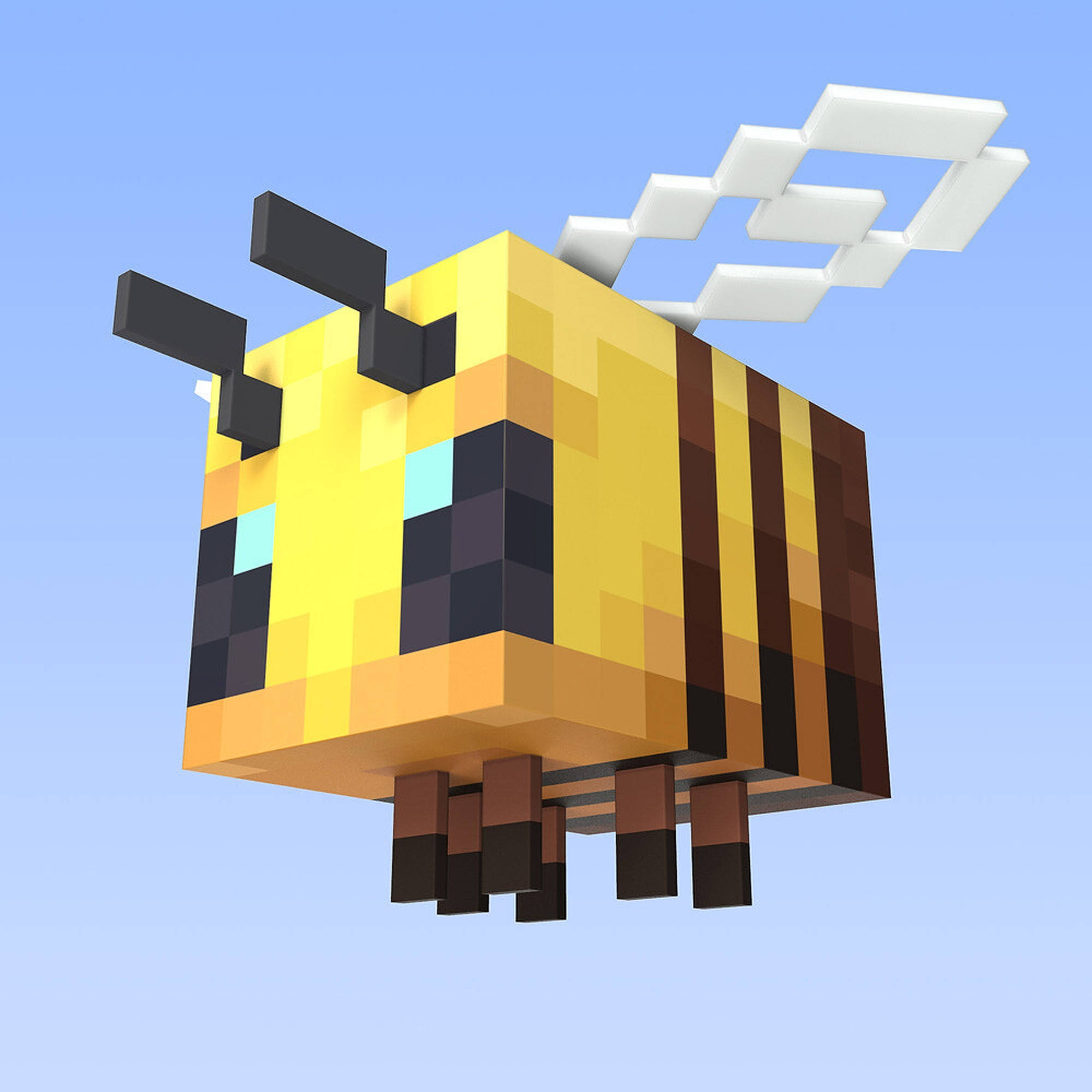 我的世界 蜜蜂 桌布 壁紙 — 一隻像素化的蜜蜂，黃黑條紋，在Minecraft風格的晴朗藍天中飛翔。