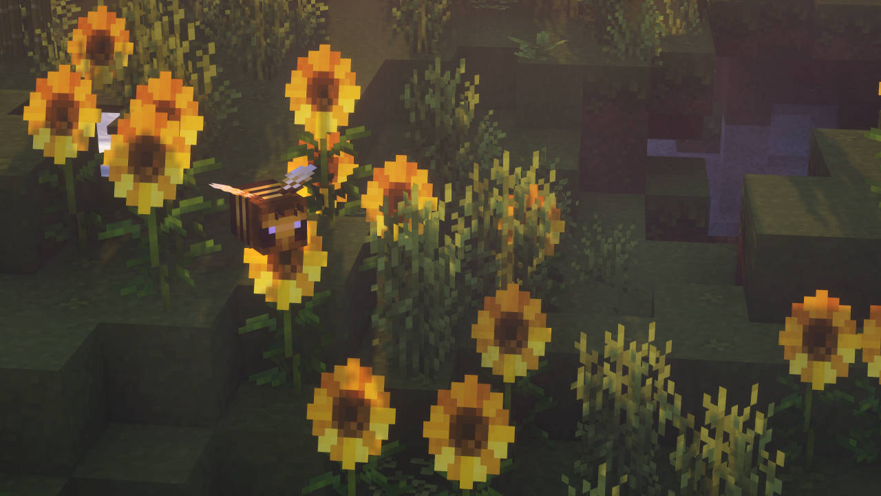 Garden 桌布 壁紙 — 一隻像素化的蜜蜂在黃昏時分，於一個方塊狀的Minecraft田野中，在發光的向日葵之間盤旋。