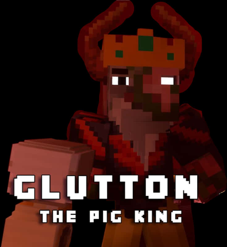 Minecraft Character 桌布 壁紙 — 一隻像素化的豬王，擁有發光的眼睛和角，在黑色背景上拿著一個方塊。