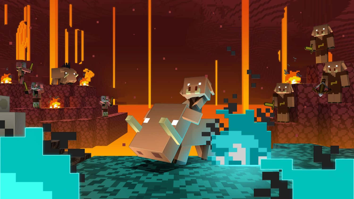 Minecraft Armor 桌布 壁紙 — 一隻像素化的豬站在藍綠色水中，發光的橙色柱子從火紅色的景觀中升起，附近有方塊狀的怪物。