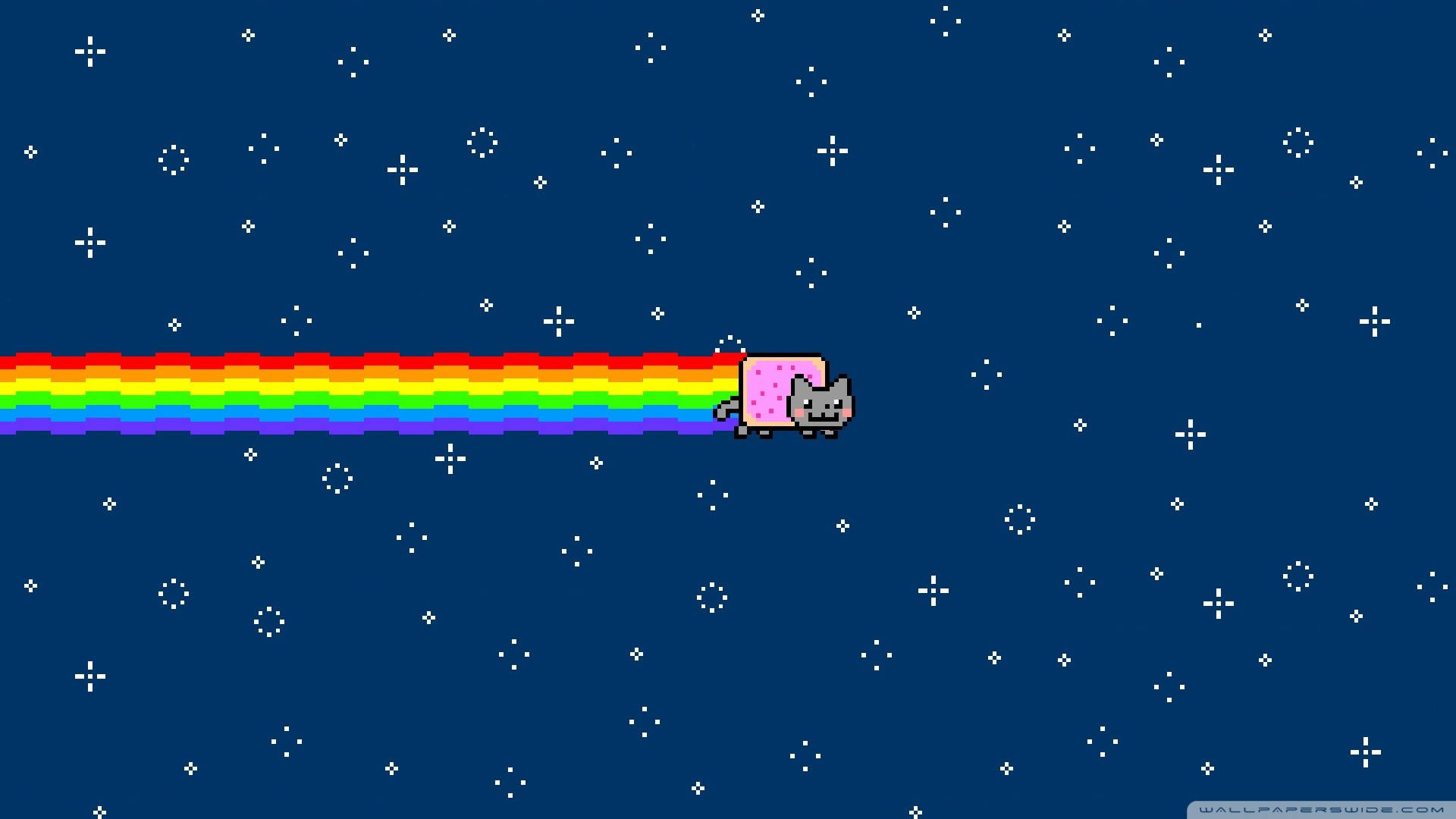 Nyan 桌布 壁紙 — 一隻像素化的貓，粉紅色的身體，在繁星點點的夜空中飛馳，留下充滿活力的彩虹痕跡。