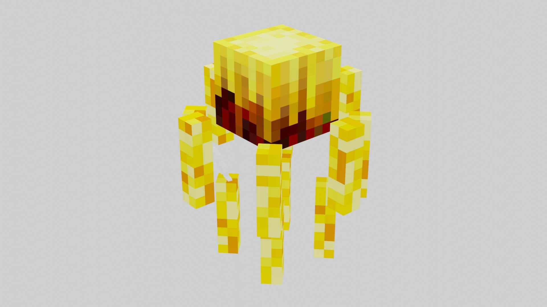 Minecraft Blaze 桌布 壁紙 — 一隻像素化的金色蜘蛛，帶有發光的紅色眼睛，站在純灰色背景前。