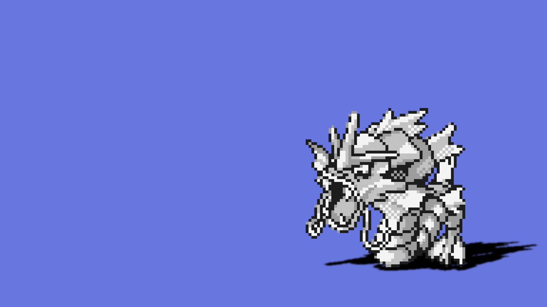 Gyarados 桌布 壁紙 — 一隻像素化的銀色龍獨自站在純藍色背景上，投射出深色陰影。
