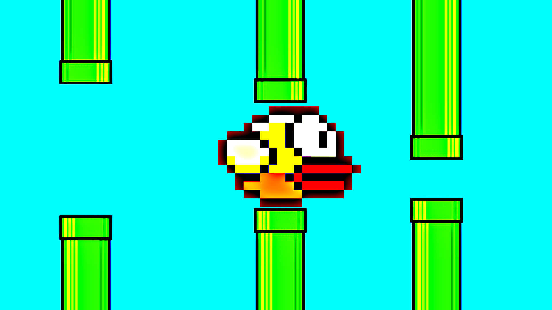 Kids Game 桌布 壁紙 — 一隻像素化的黃色小鳥，紅色翅膀，在明亮的青色背景上飛過綠色管道之間。