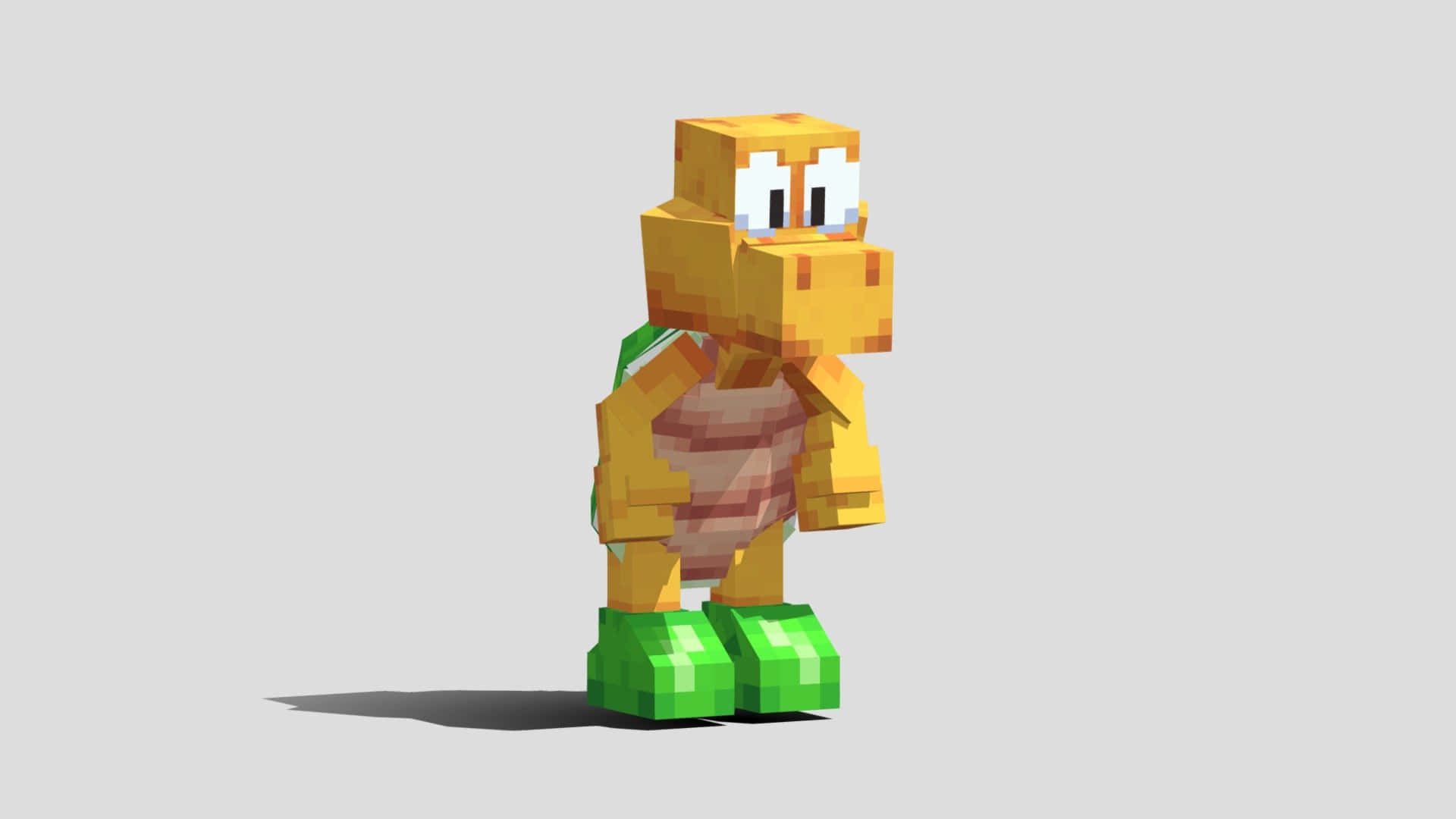 Koopa Troopa 桌布 壁紙 — 一隻像素化的黃色烏龜，穿著綠色鞋子，背上有條紋的殼，站在純灰色背景前。