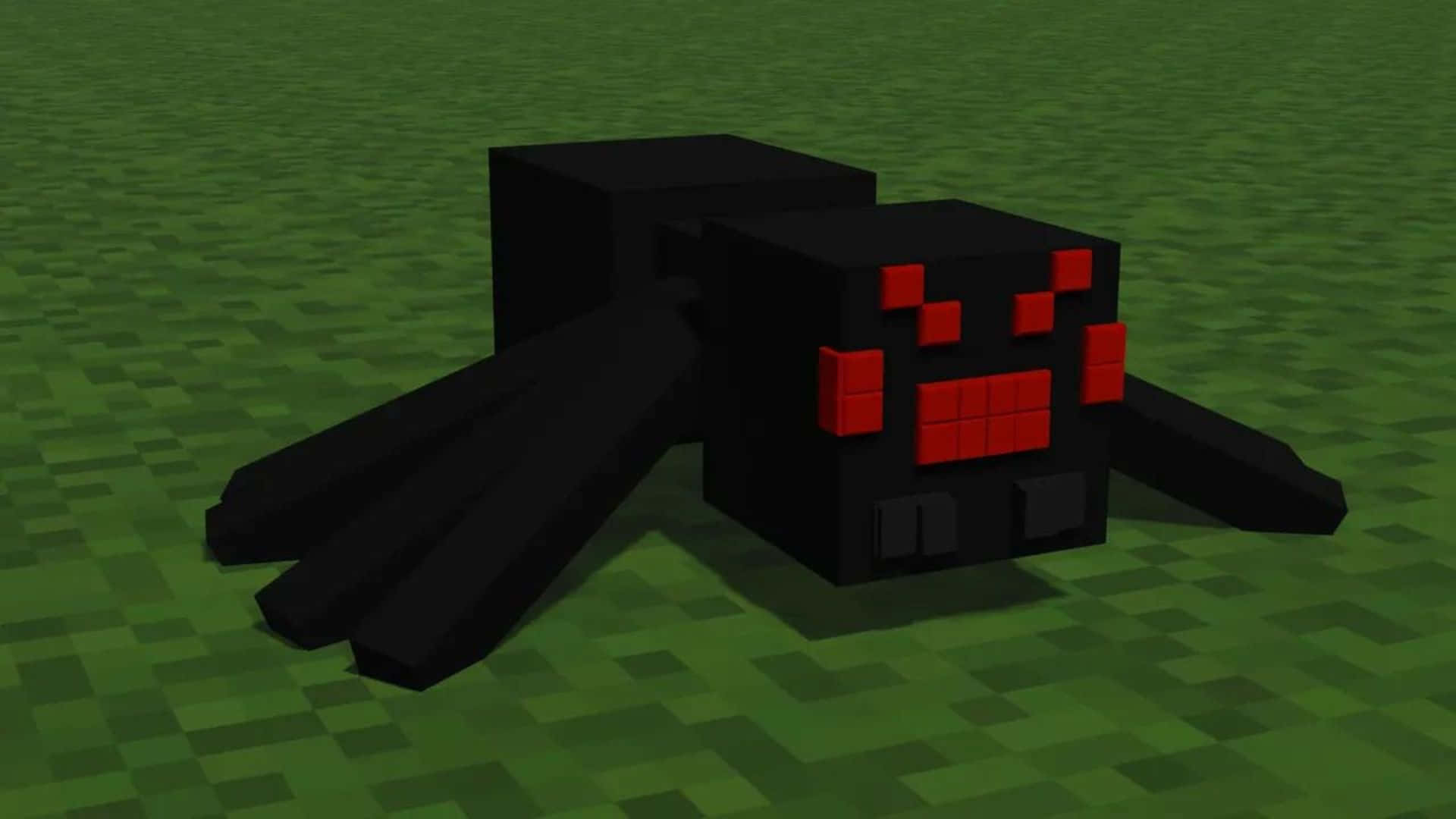 Minecraft Spider 桌布 壁紙 — 一隻像素化的黑色蜘蛛，帶有發光的紅色眼睛，停留在Minecraft風格世界的綠色草塊上。