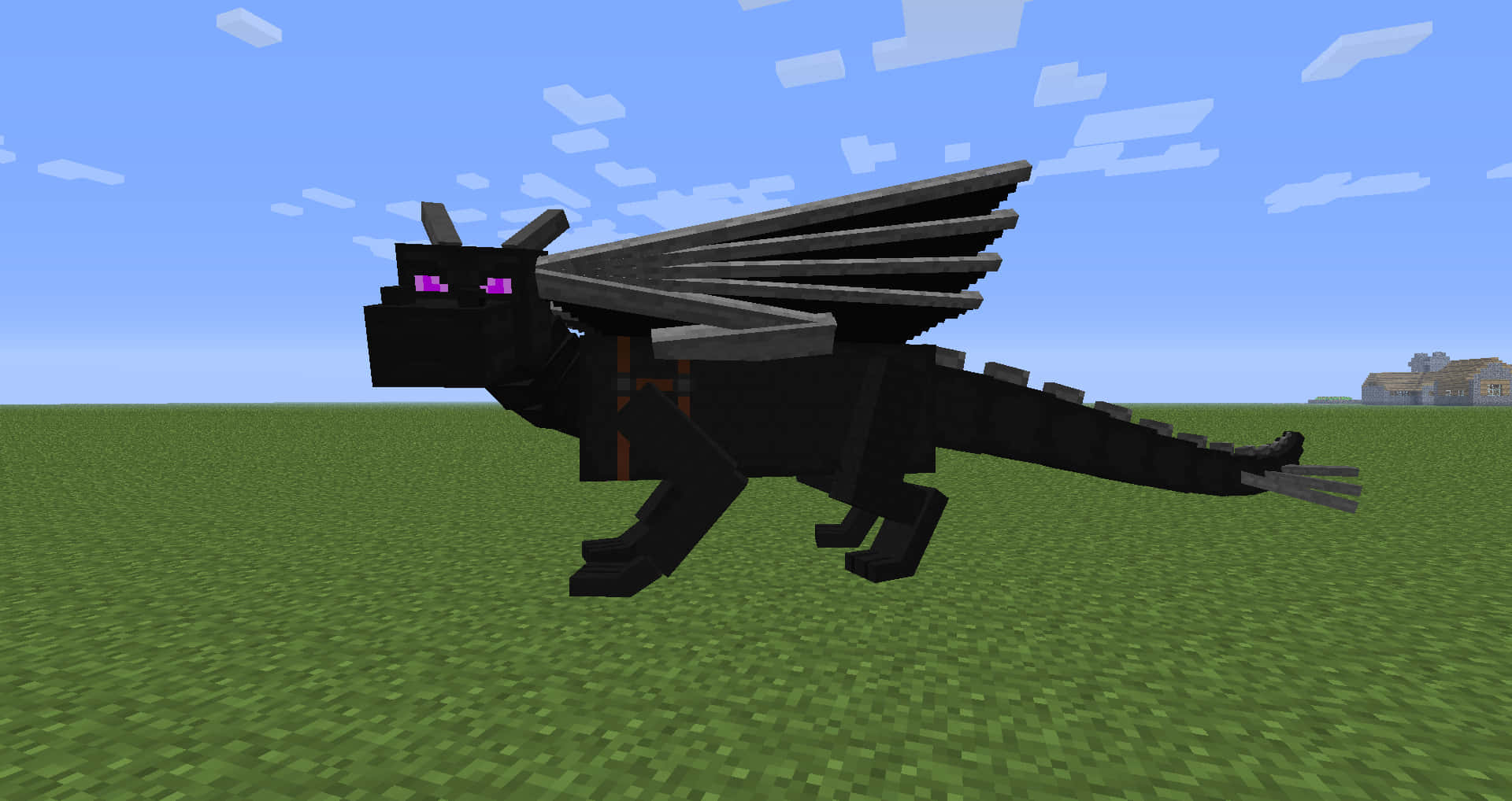 Minecraft Ender Dragon 桌布 壁紙 — 一隻像素化的黑色龍，擁有發光的紫色眼睛，站在藍天白雲下的草地上。