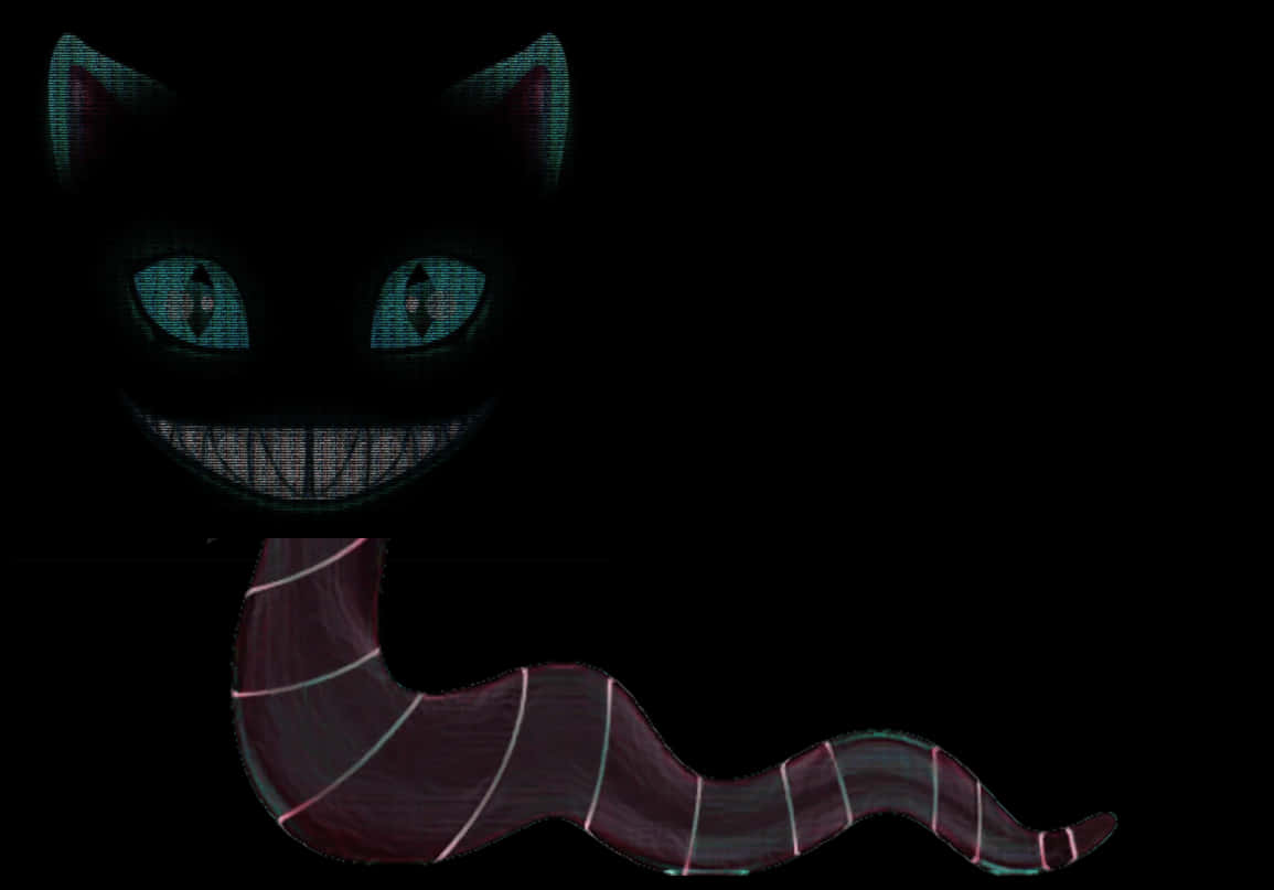 Cartoon Cat Scary 桌布 壁紙 — 一隻像素化的黑貓，有著發光的藍綠色眼睛和咧嘴笑，從黑暗中出現，尾巴分節。