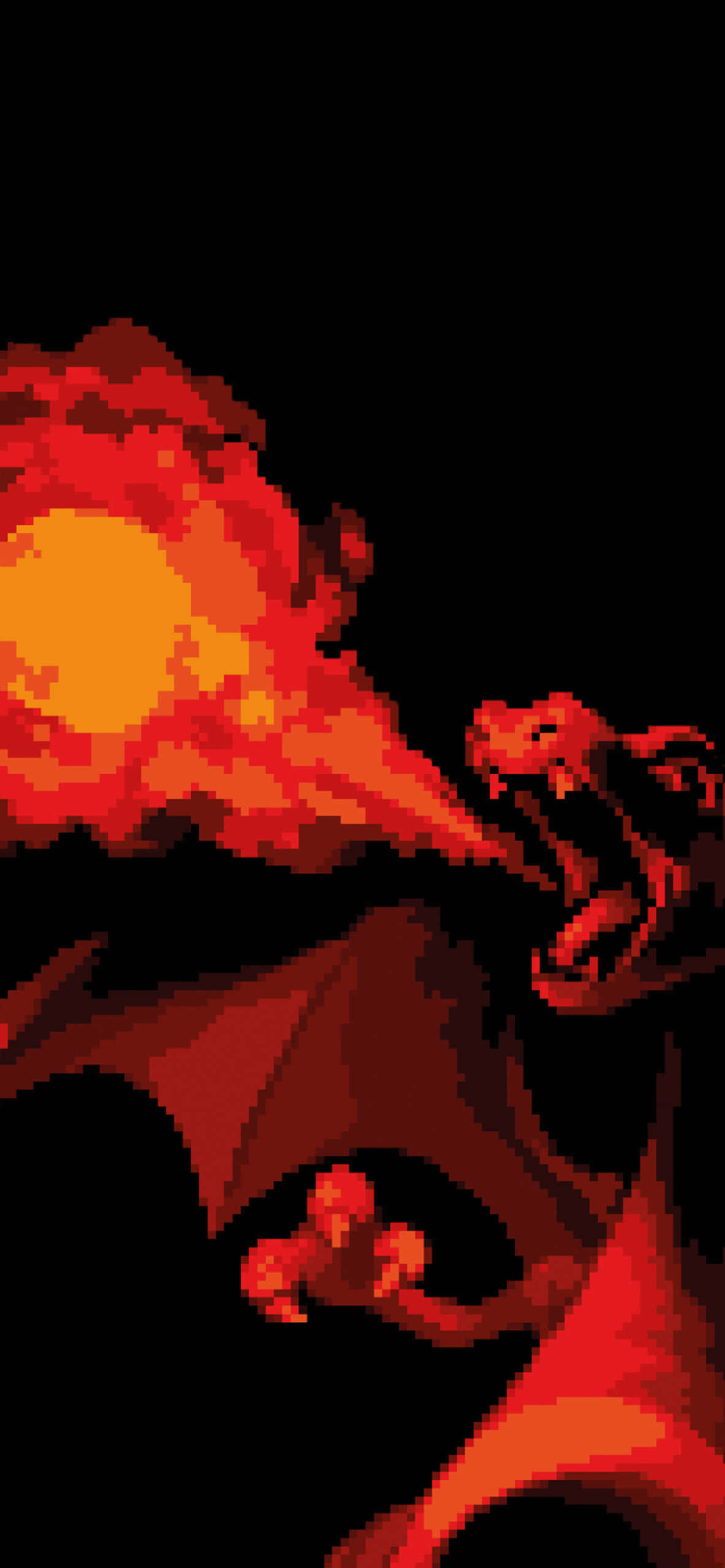 Pokemon Charizard 桌布 壁紙 — 一隻像素化的龍在戲劇性的特寫中，向著漆黑背景噴出熾熱的橙色火焰。