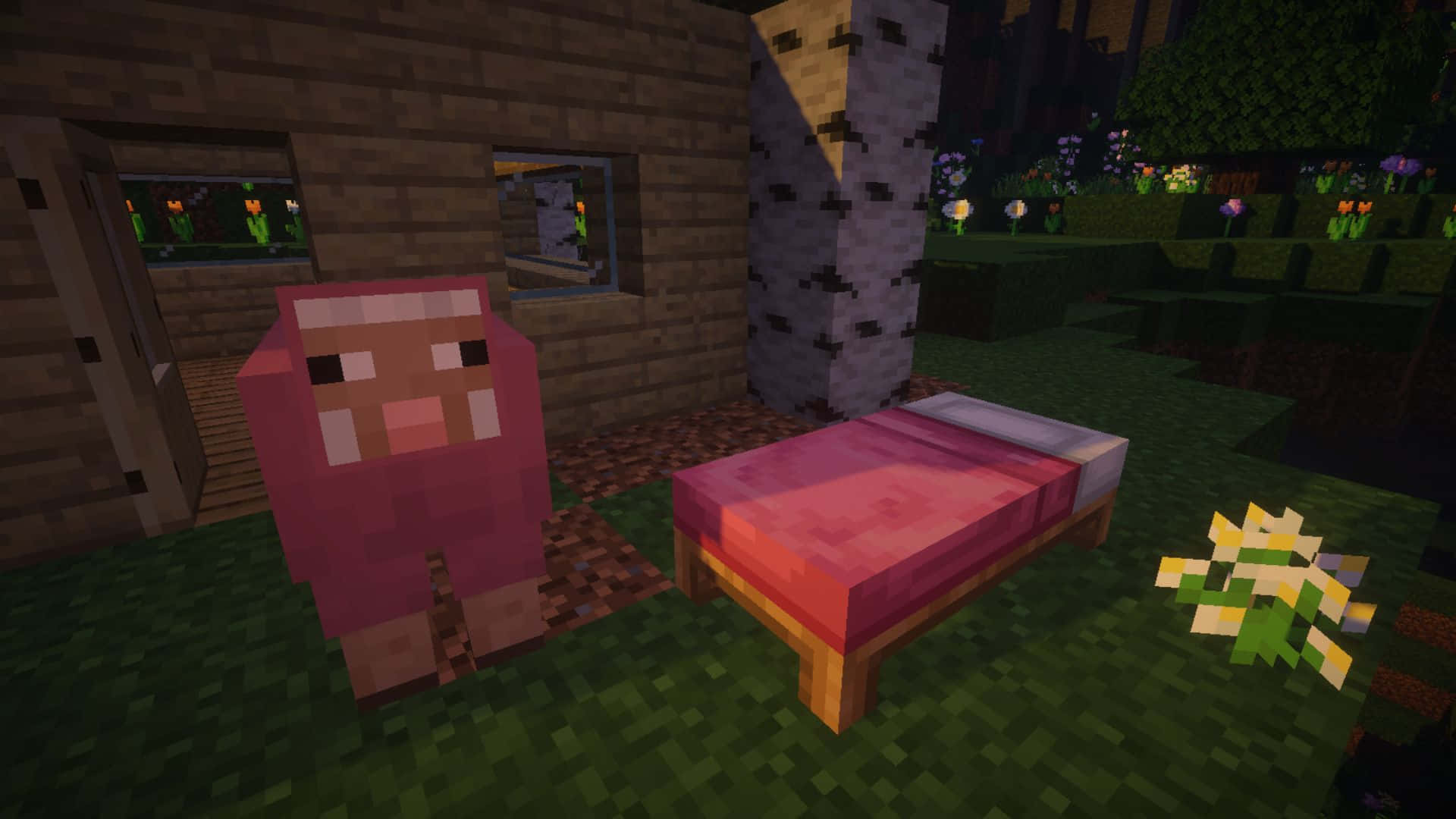 Minecraft Sheep 桌布 壁紙 — 一隻像素化粉紅豬站在夜晚木製Minecraft屋外的床邊，附近有發光的花朵。