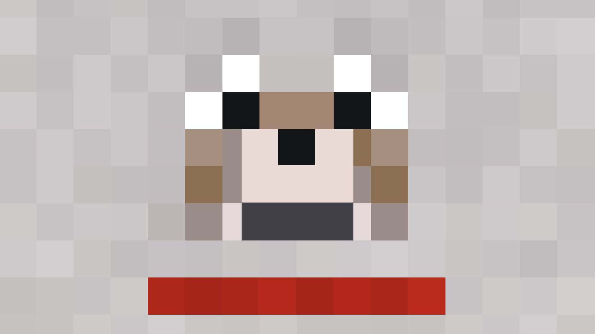 Minecraft Wolf 桌布 壁紙 — 一隻像素化綿羊，白色眼睛，紅色項圈，站在灰色格子背景前。