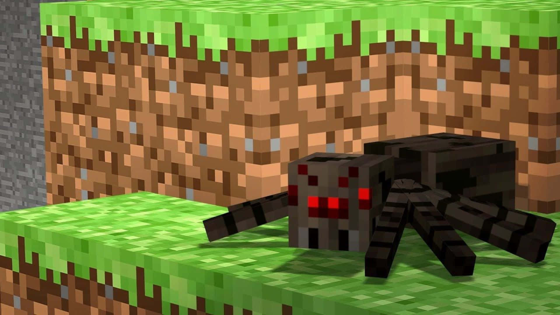 Minecraft Spider 桌布 壁紙 — 一隻像素化蜘蛛，有著發光的紅色眼睛，在Minecraft風格的方塊世界中的草方塊上爬行。