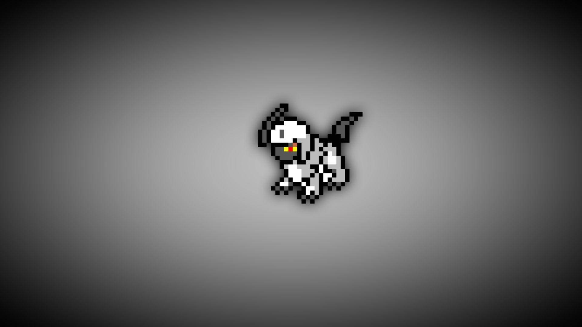 Pixel 桌布 壁紙 — 一隻像素化黑白狗，黃色眼睛，居中站立在灰色漸變背景上。