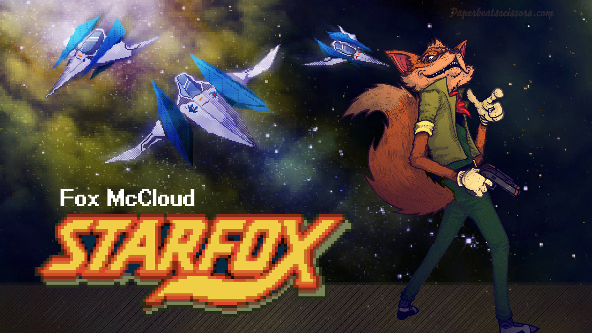 Star Fox 桌布 壁紙 — 一隻像素藝術的狐狸飛行員穿著綠色夾克，在星空太空背景下揮舞著槍，藍色星際戰機在飛行。