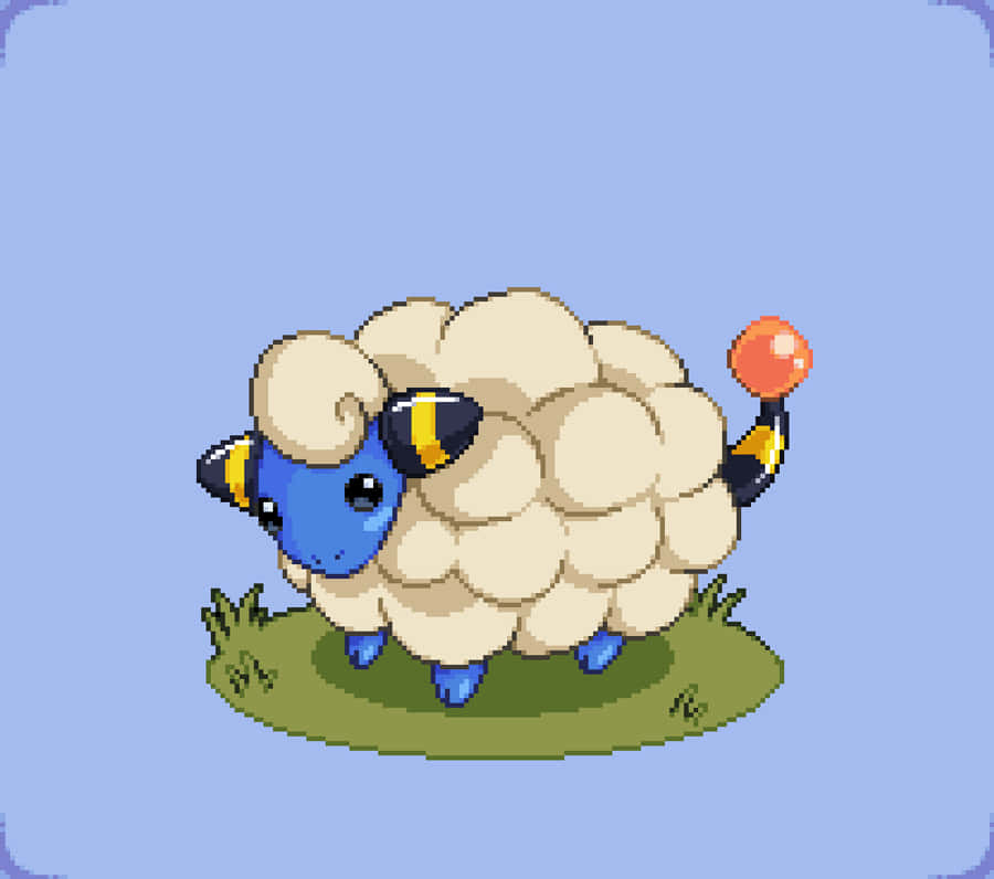 Sheep 桌布 壁紙 — 一隻像素藝術羊，藍色臉和橙色尾巴球，站在一片草地上，背景是淺藍色。