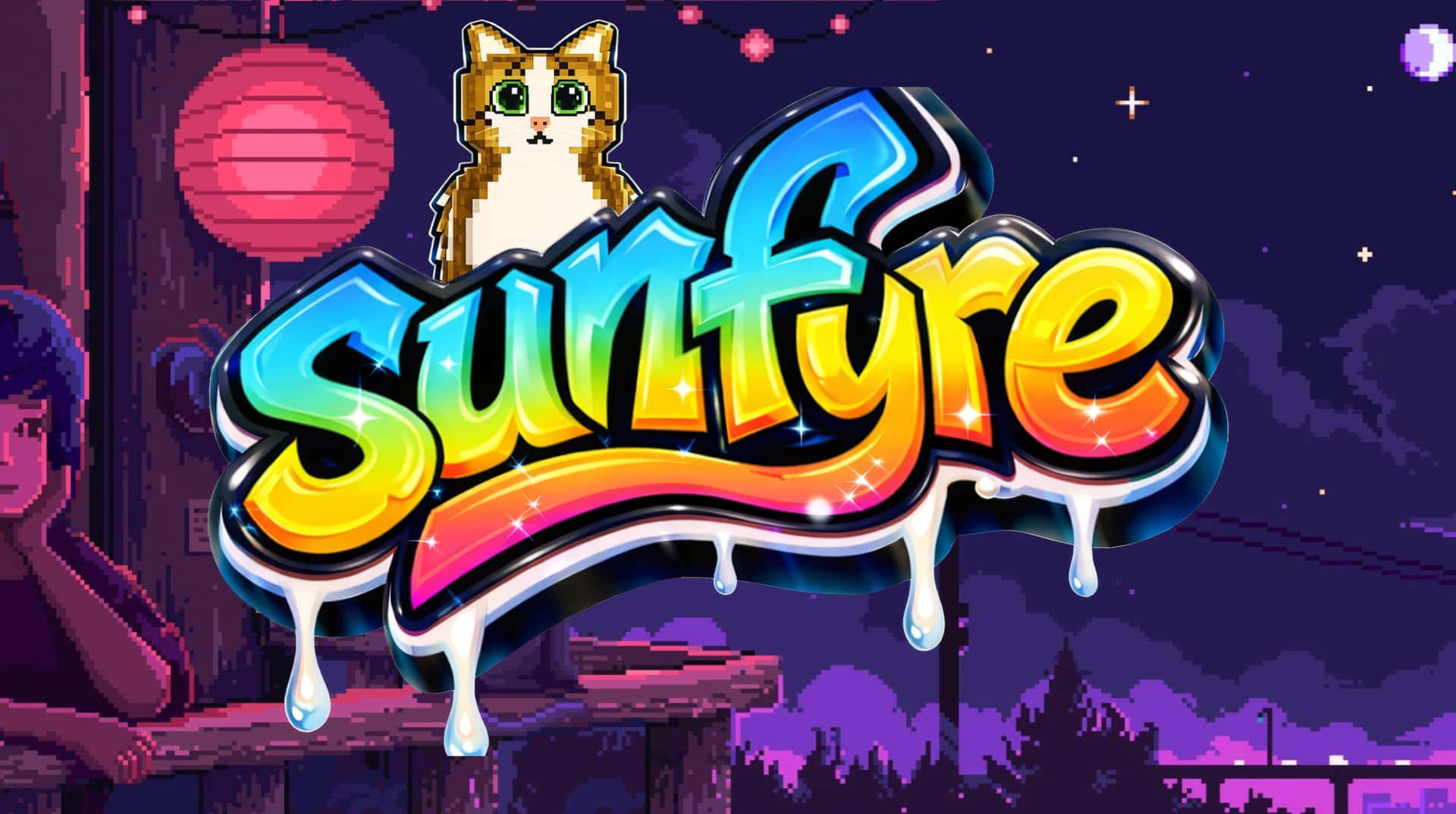 logo sunfyre 壁紙 — 一隻像素藝術貓棲息在滴落的彩虹漸變標誌上，背景是繁星點點的紫色夜空和一個紅色燈籠。