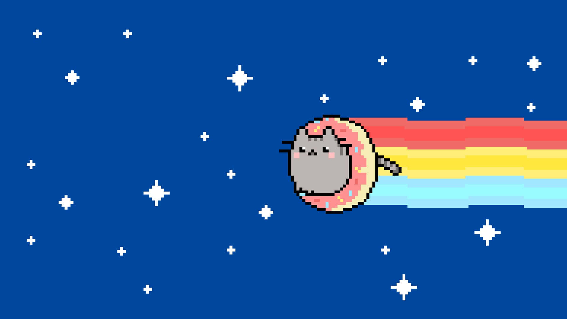pusheen 動圖 桌布 壁紙 — 一隻像素貓在佈滿星星的藍色天空中飛馳，留下色彩繽紛的彩虹痕跡。