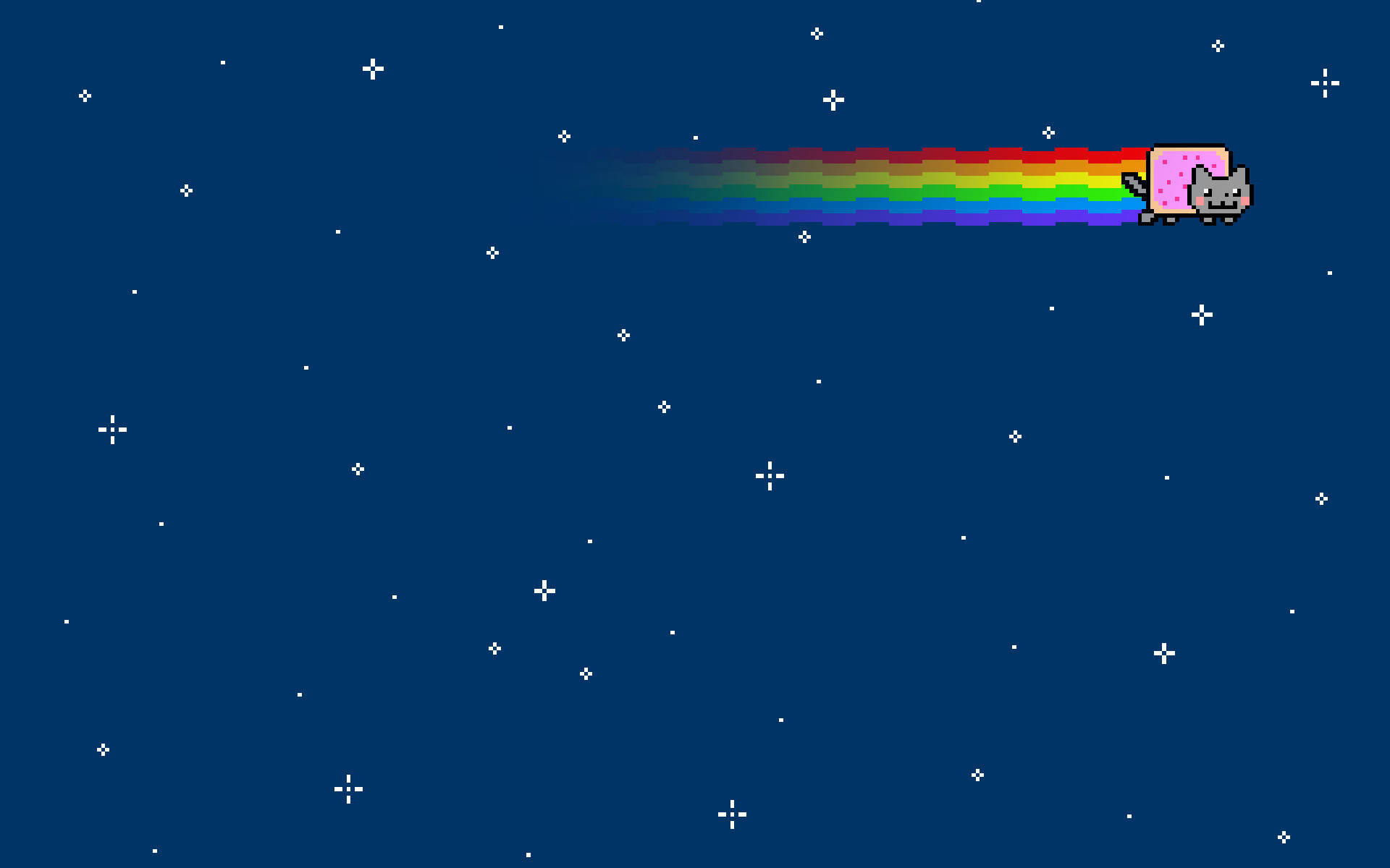 Nyan 桌布 壁紙 — 一隻像素貓帶著一個粉紅色的盒子像火箭一樣穿過繁星點點的夜空，留下充滿活力的彩虹痕跡。