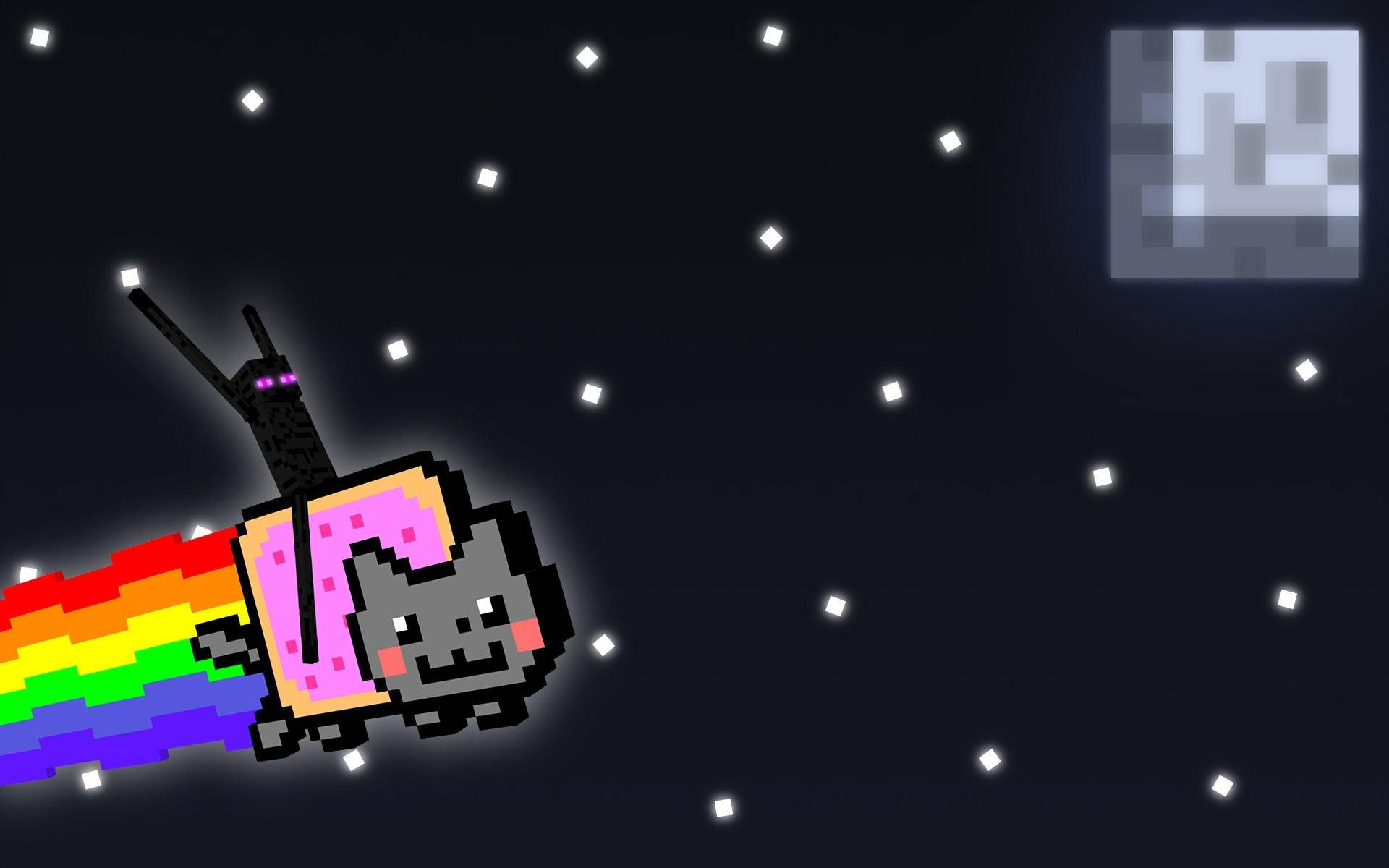 Enderman 桌布 壁紙 — 一隻像素貓帶著彩虹尾巴飛過星空夜空，靠近方塊月亮。