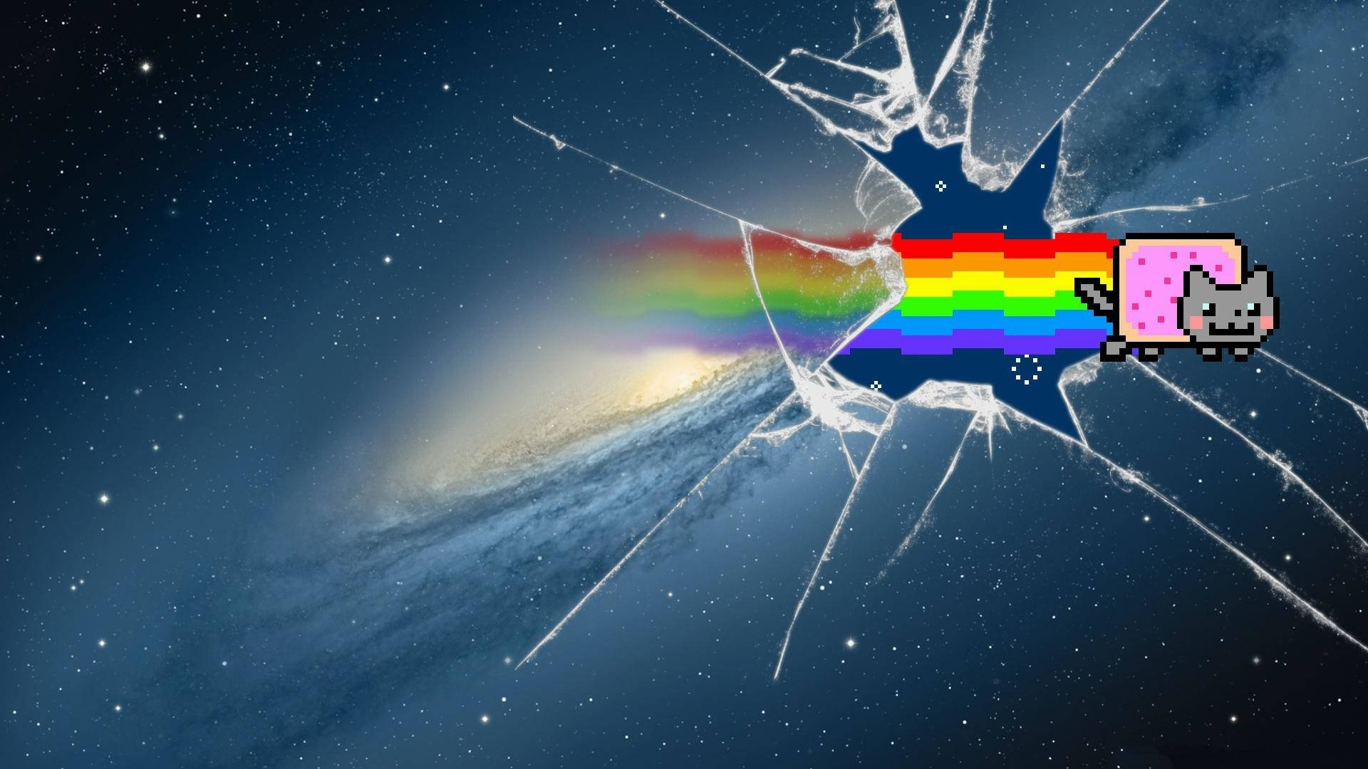 Nyan 桌布 壁紙 — 一隻像素貓帶著彩虹軌跡，在星空銀河上衝破裂紋玻璃效果。