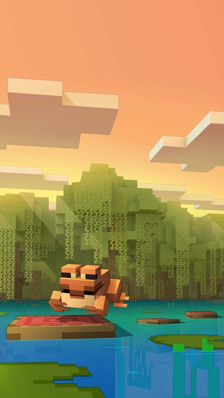 Frog 桌布 壁紙 — 一隻像素青蛙在日落時分從寧靜的Minecraft風格沼澤中的睡蓮葉上跳躍。