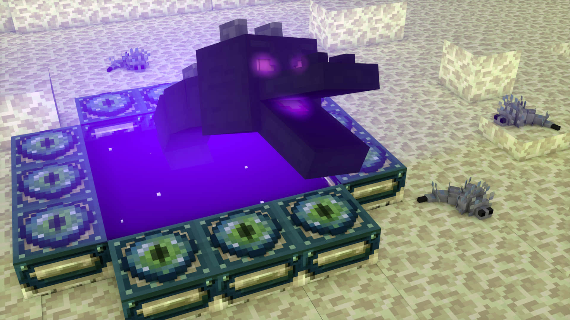 Minecraft Aesthetic 桌布 壁紙 — 一隻像素風格的紫色終界龍棲息在一個發光的紫色水池上，周圍環繞著 Minecraft 地獄要塞中的綠色和金色方塊。