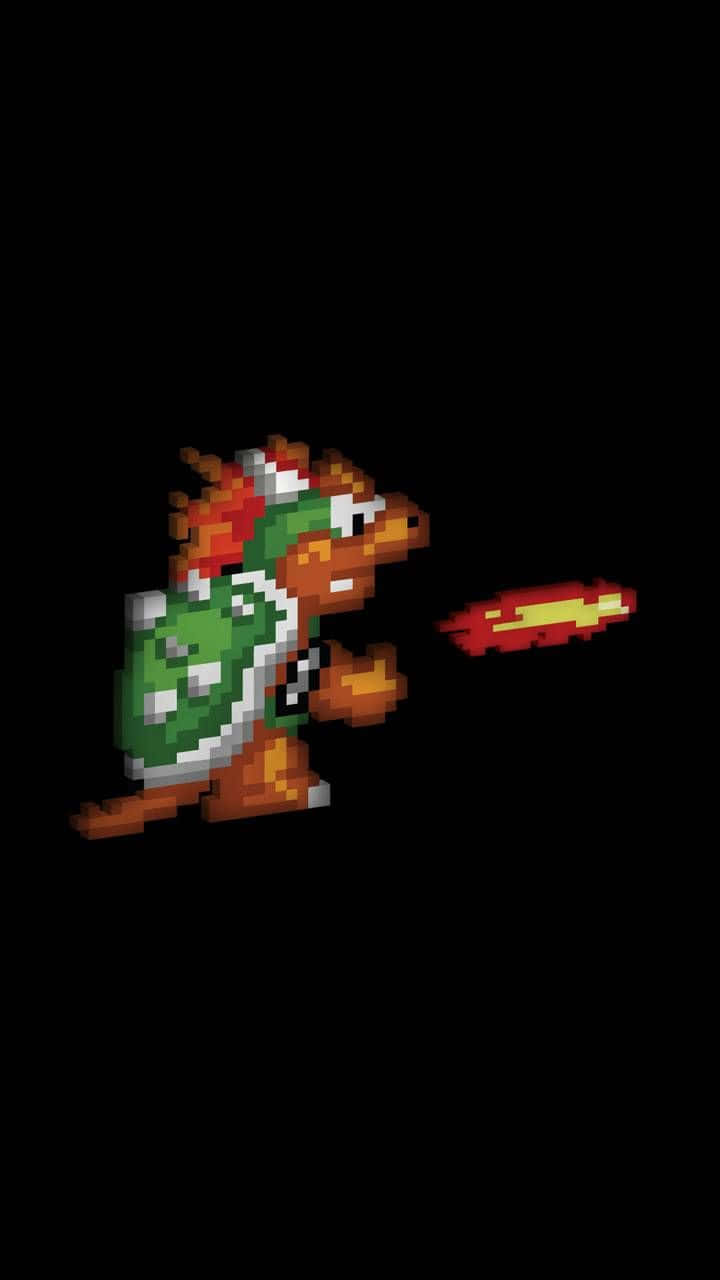 bowser 桌布 壁紙 — 一隻像素風格的綠色裝甲恐龍在黑色背景上發射火焰彈。