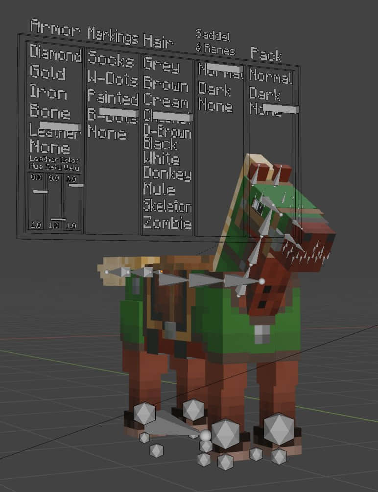 Minecraft Horses 桌布 壁紙 — 一隻像素馬穿著綠色盔甲站在3D建模網格中，上方顯示自訂選項。